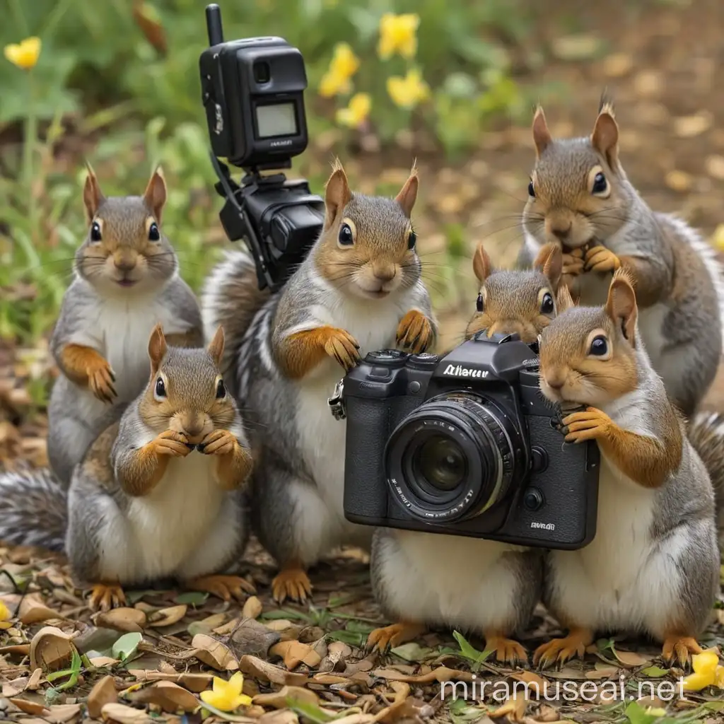 A group of squirrels with camera phones taking pictures of duckies
