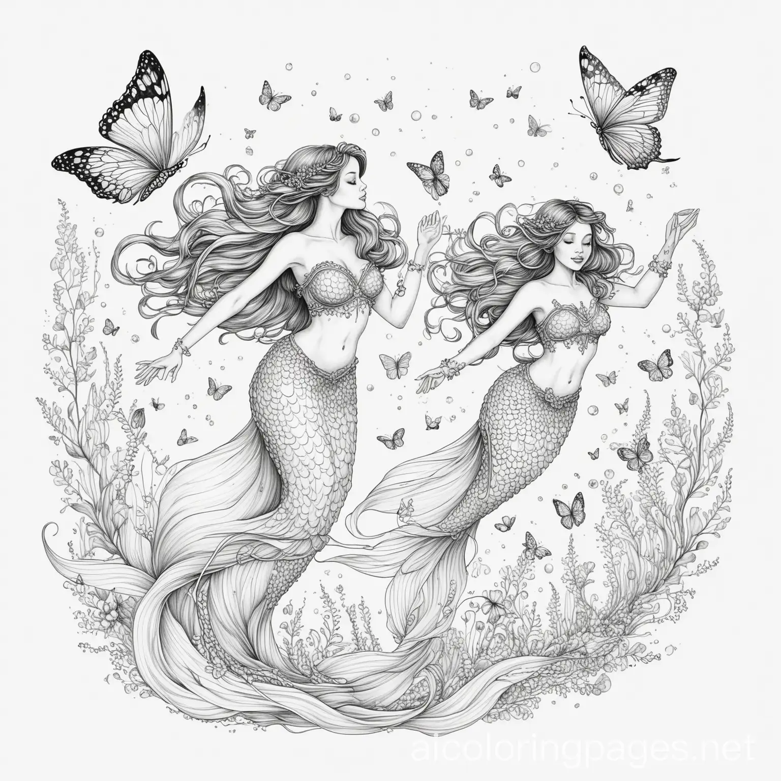 Mermaids with butterflies flying with a sky sea, Coloring Page, black and white, line art, white background, Simplicity, Ample White Space. The background of the coloring page is plain white to make it easy for young children to color within the lines. The outlines of all the subjects are easy to distinguish, making it simple for kids to color without too much difficulty