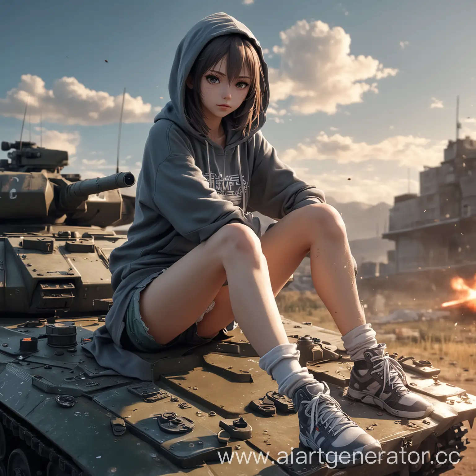 Cute-Anime-Girl-Sitting-on-Tank-with-Gunshot-Effects-in-Battlefield-Scene