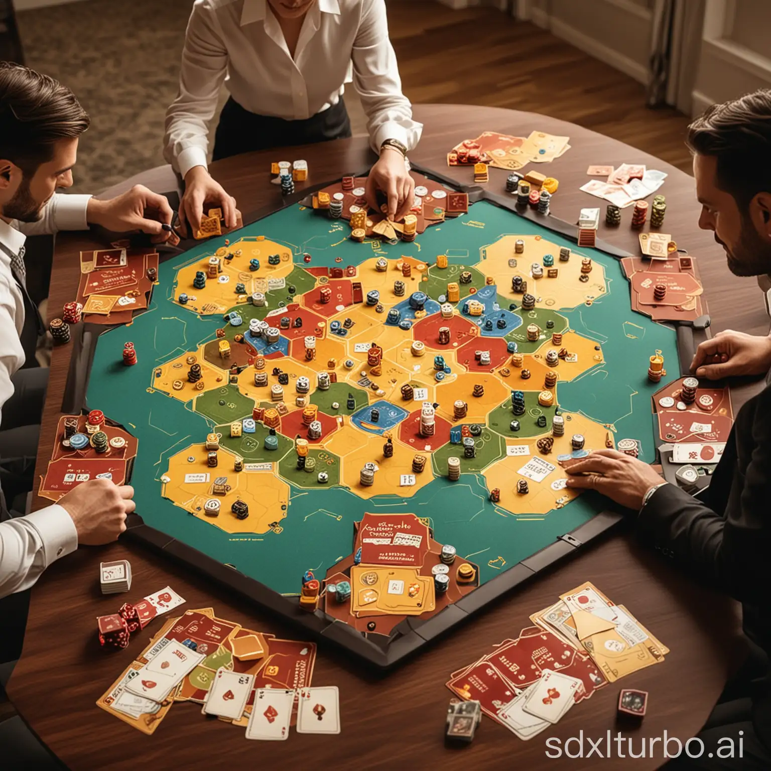 3 corporate personas near a casino table playing a war game look like catan, with a crupie delivering strategic cards