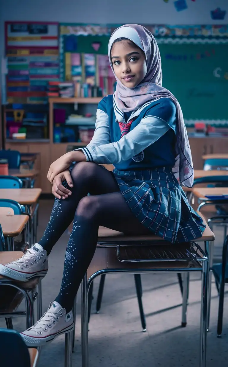 A girl, 13 years old, hijab, tight blouse, patterned school skirt, black opaque tights, white short converse shoes, in classroom. beautiful. Sits on the desk. Crossed legs. Side view, elegant