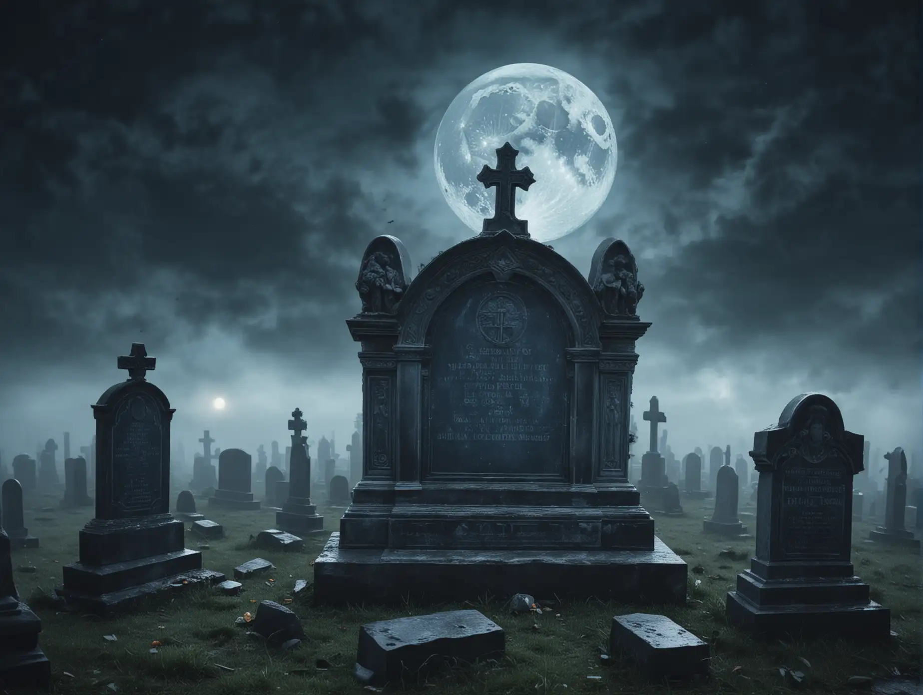 Tombe, cimetière bleu, pierre tombale gothique, planète pleine lune malefique, brume, nuage sombre