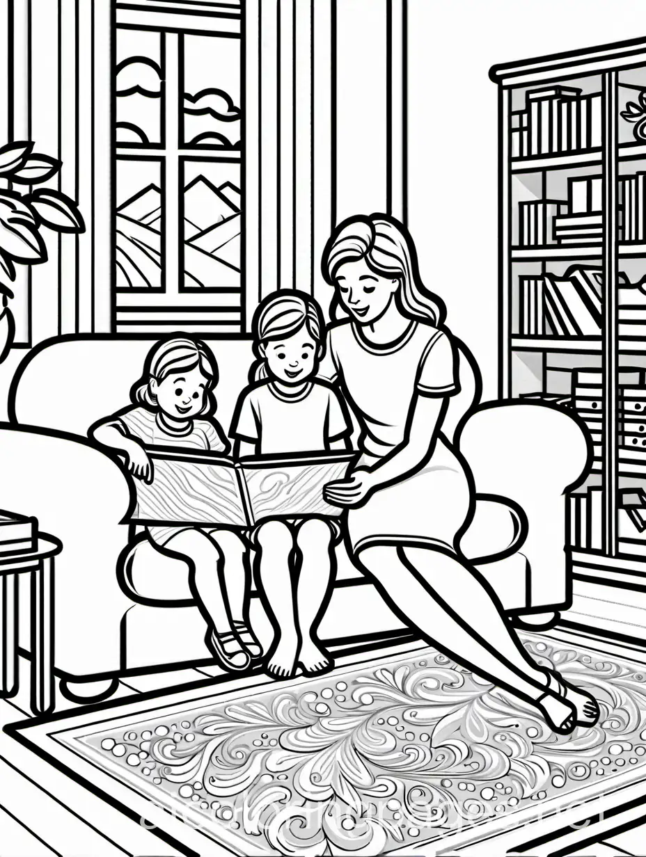 Mom and children, everyday situation at home, detailed scene, black and white coloring page, Coloring Page, black and white, line art, white background, Simplicity, Ample White Space. The background of the coloring page is plain white to make it easy for young children to color within the lines. The outlines of all the subjects are easy to distinguish, making it simple for kids to color without too much difficulty