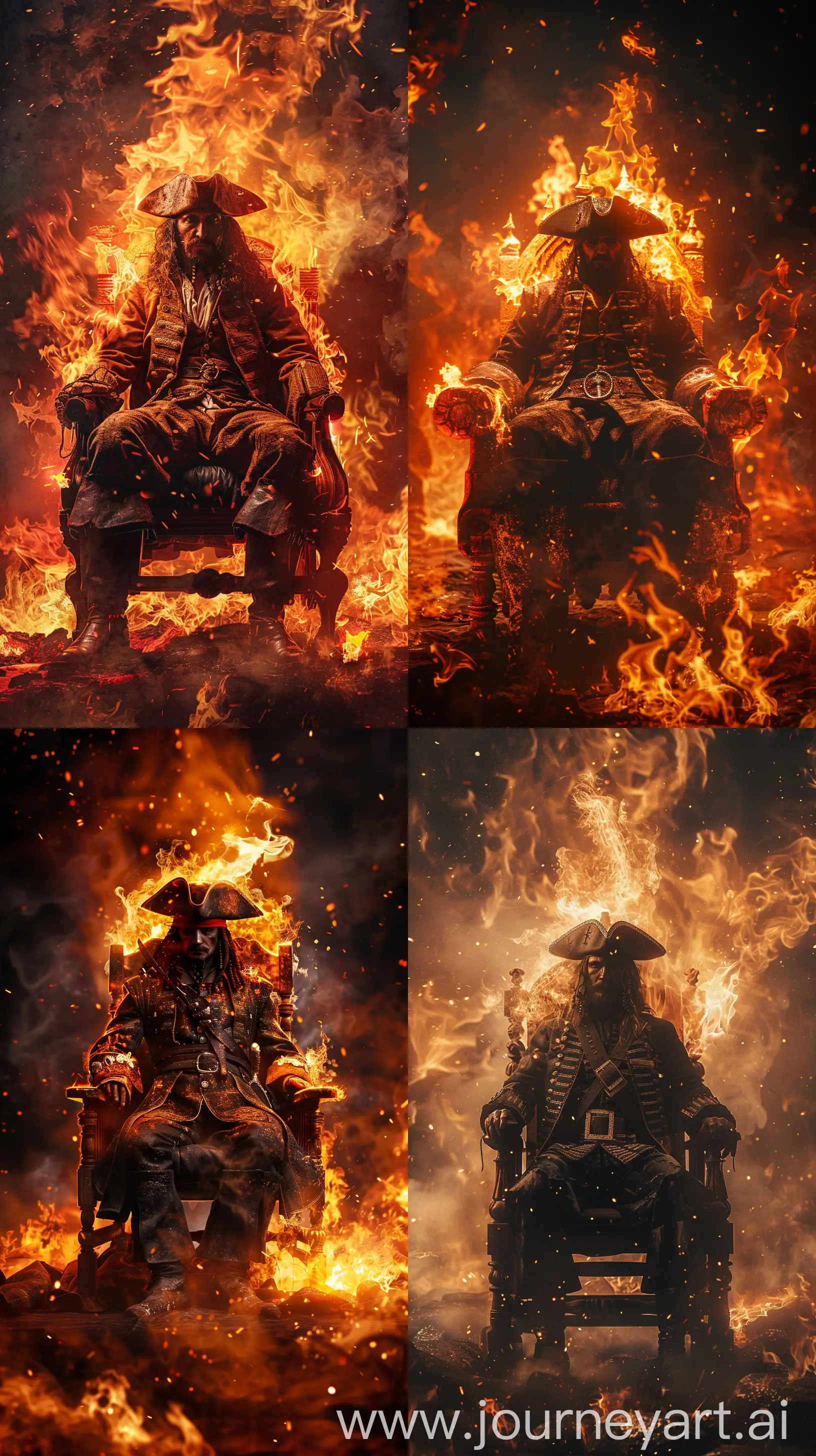 create a photorealistic image of a pirate siting on throne, engulfed in fire, everything burning, in the style of epic cinematographic --ar 9:16 --v 6.0