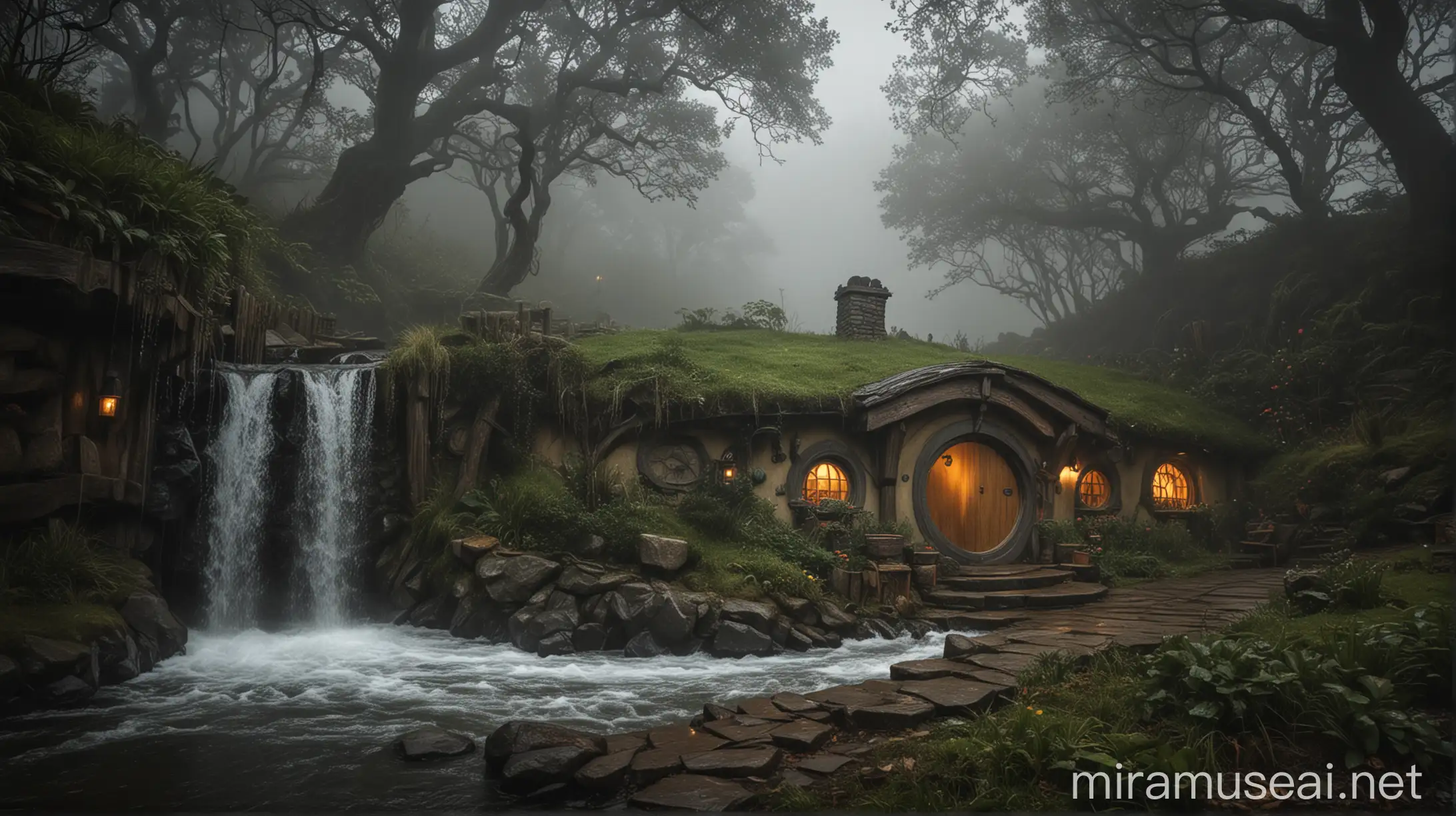 Hobbit House, dark Night, photography, fog, Deep Forest, Wet, Bright Interior Lighting, waterfall