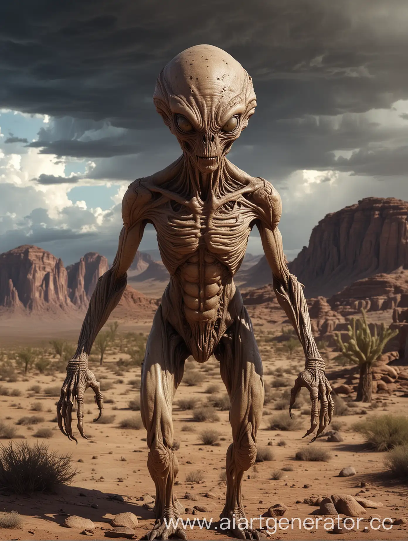 an alien creature with all its organs visible, it is very unusual. He must have a crazy appearance. There is a desert alien landscape with a storm in the background.