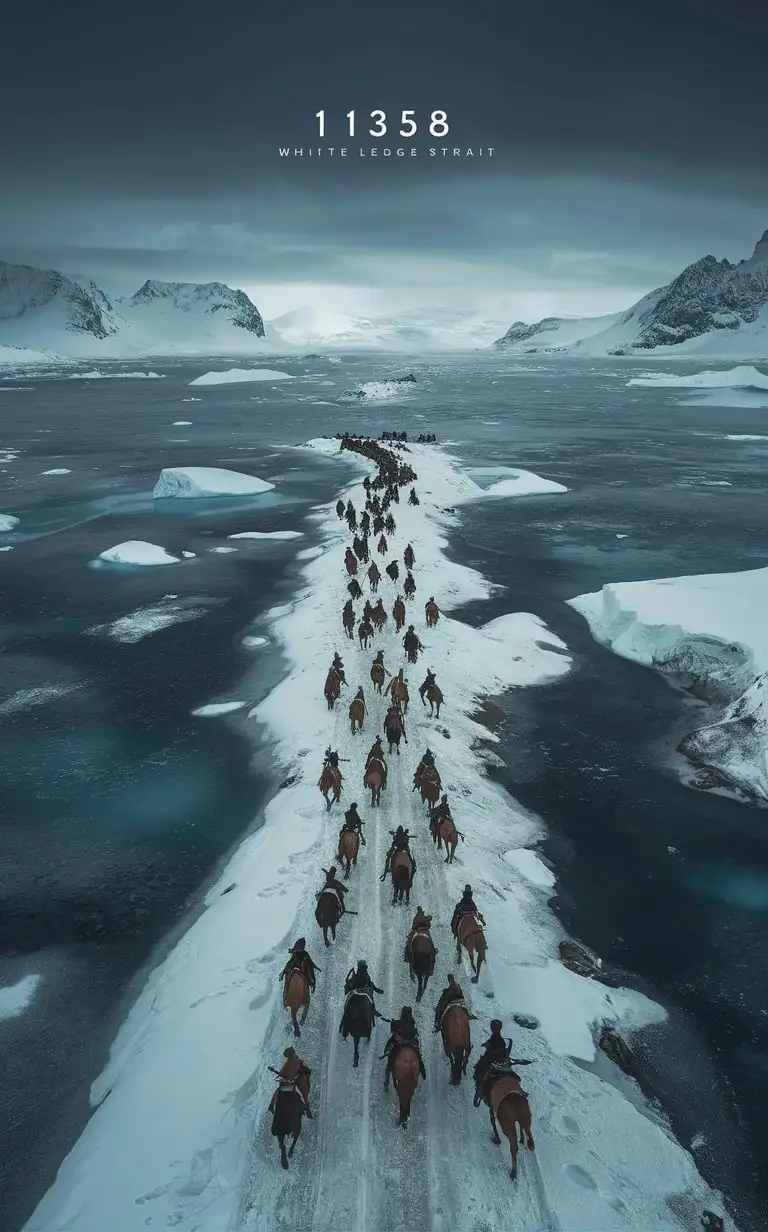 a group of people and horses prepare to cross the frozen Bering Strait. 1358. aerial view