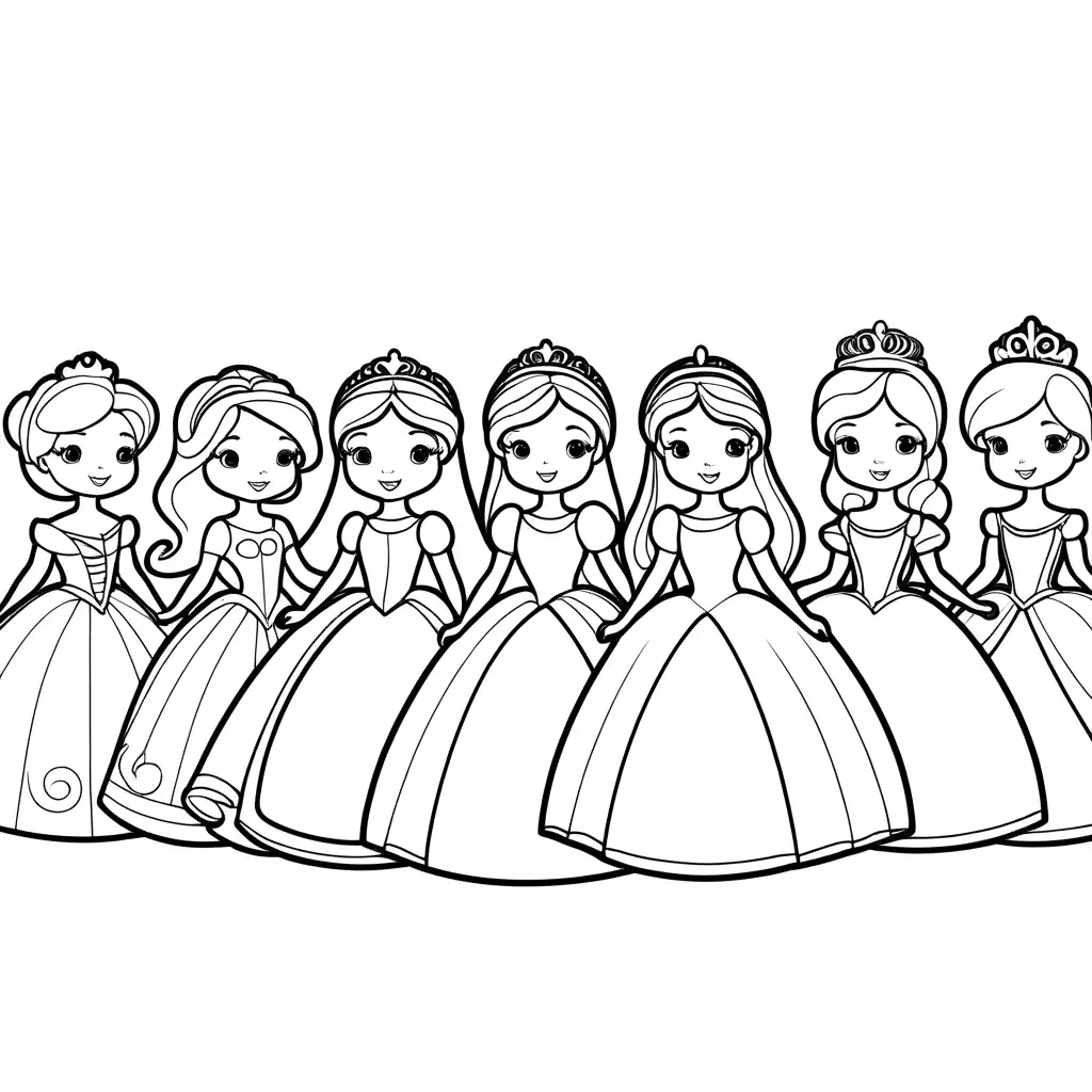 princesses, Coloring Page, black and white, line art, white background, Simplicity, Ample White Space. The background of the coloring page is plain white to make it easy for young children to color within the lines. The outlines of all the subjects are easy to distinguish, making it simple for kids to color without too much difficulty