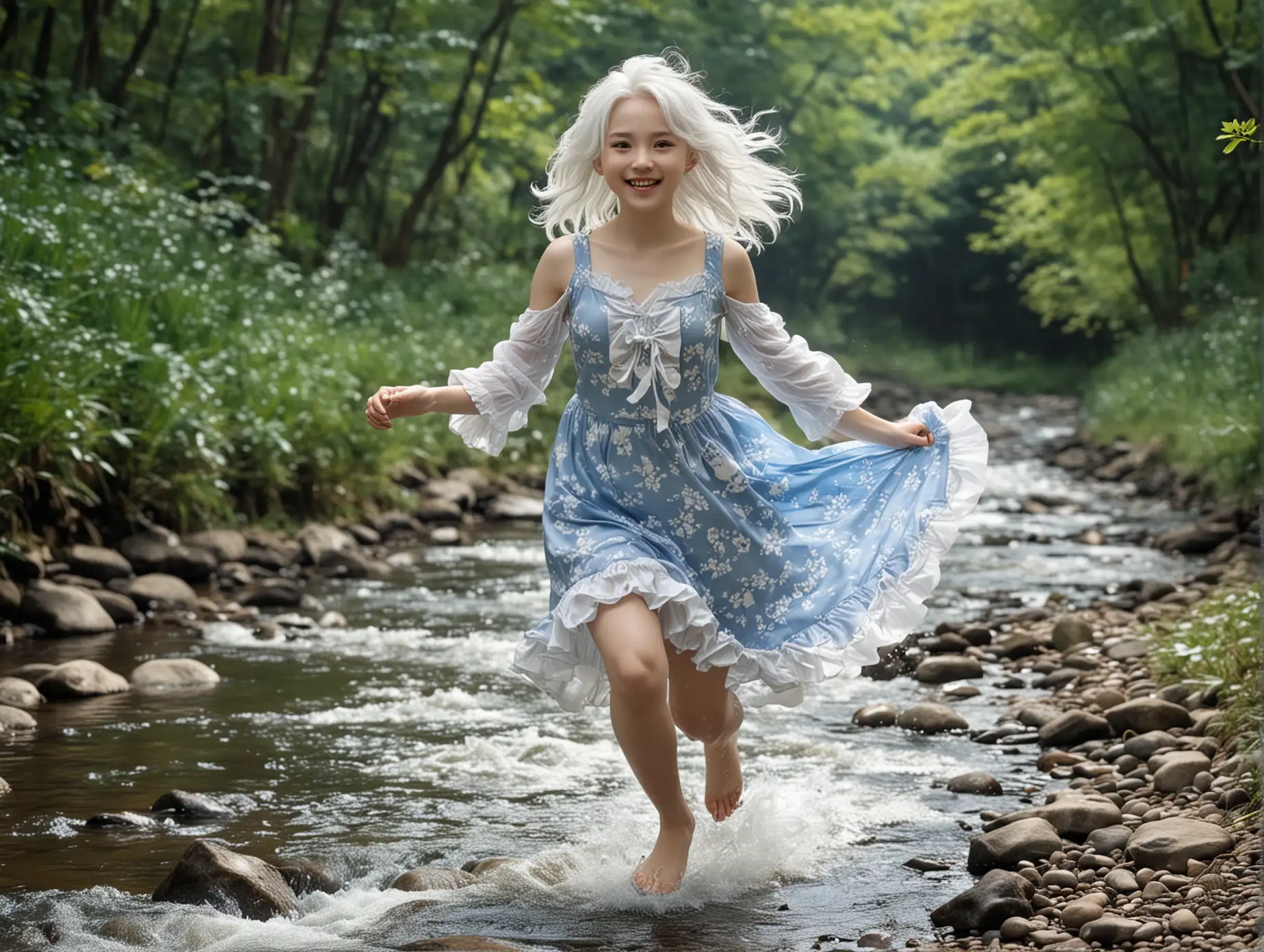 Диникилообу - богиня бегущей воды весёлая юная девочка во весь рост с пышными белыми волосами 
 в коротком бело-голубом платье бежит по берегу ручья детализированное изображение