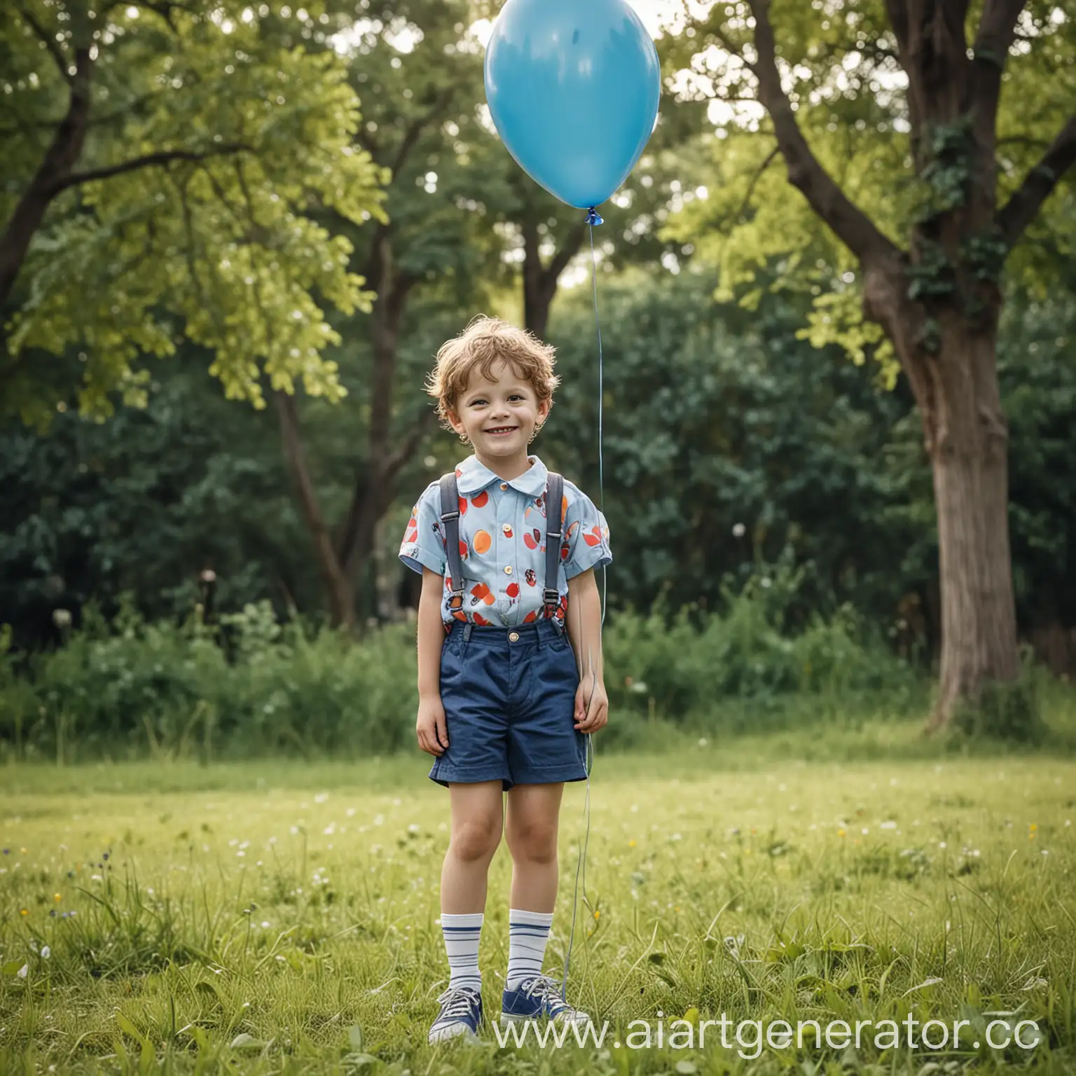 Реальная фотография. Парк. Лето. Клоуны. Мальчик. 4 года в голубых шортах и голубой футболке. В руках держит воздушный шарик.  улыбается. 