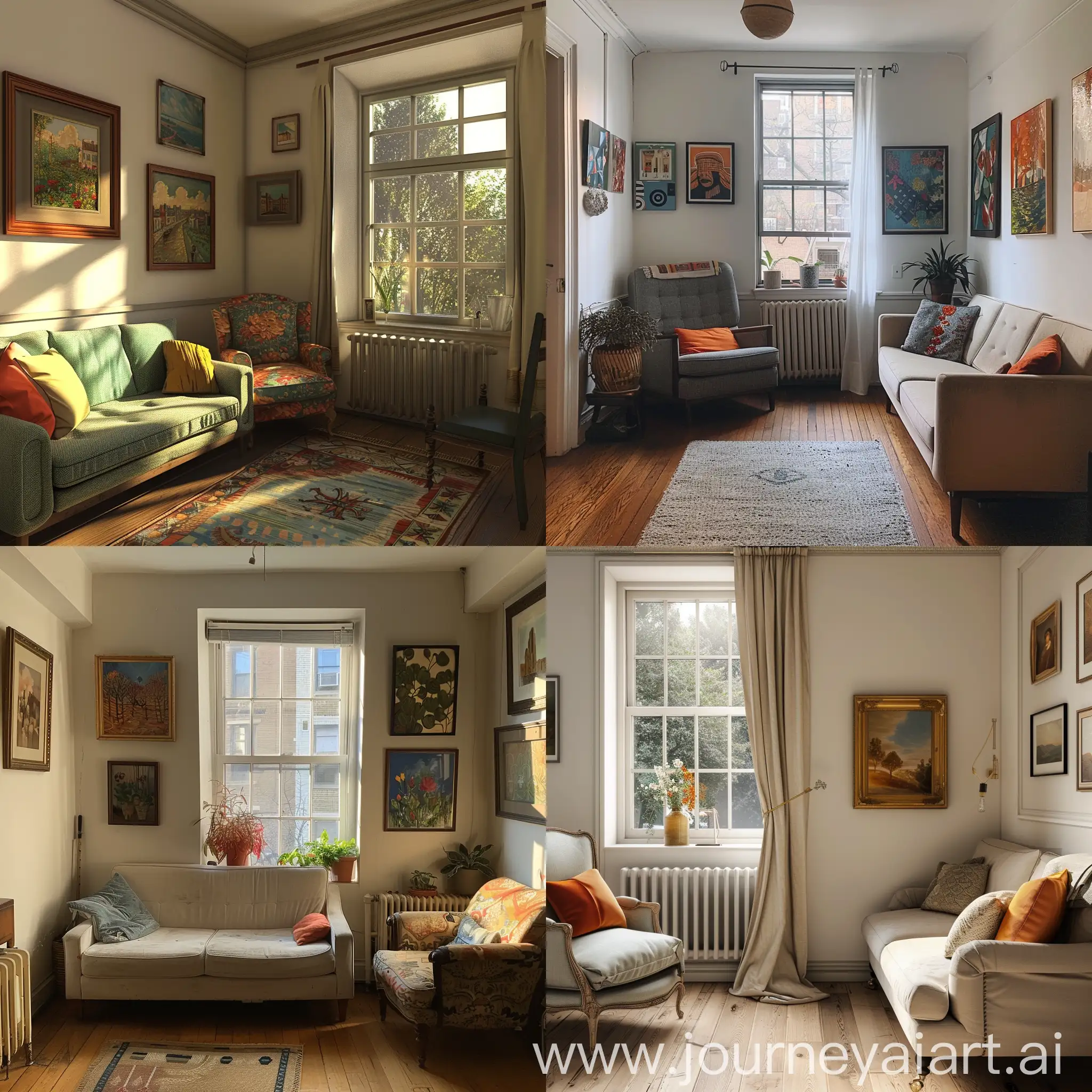 A simple room in an apartment with a sofa, an armchair, a window, and a few paintings on the wall
