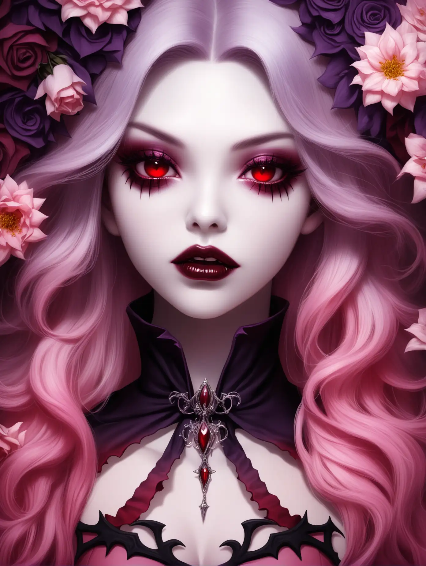 Enchanting Mystic Vampire Girl Surrounded by Pink Flowers
