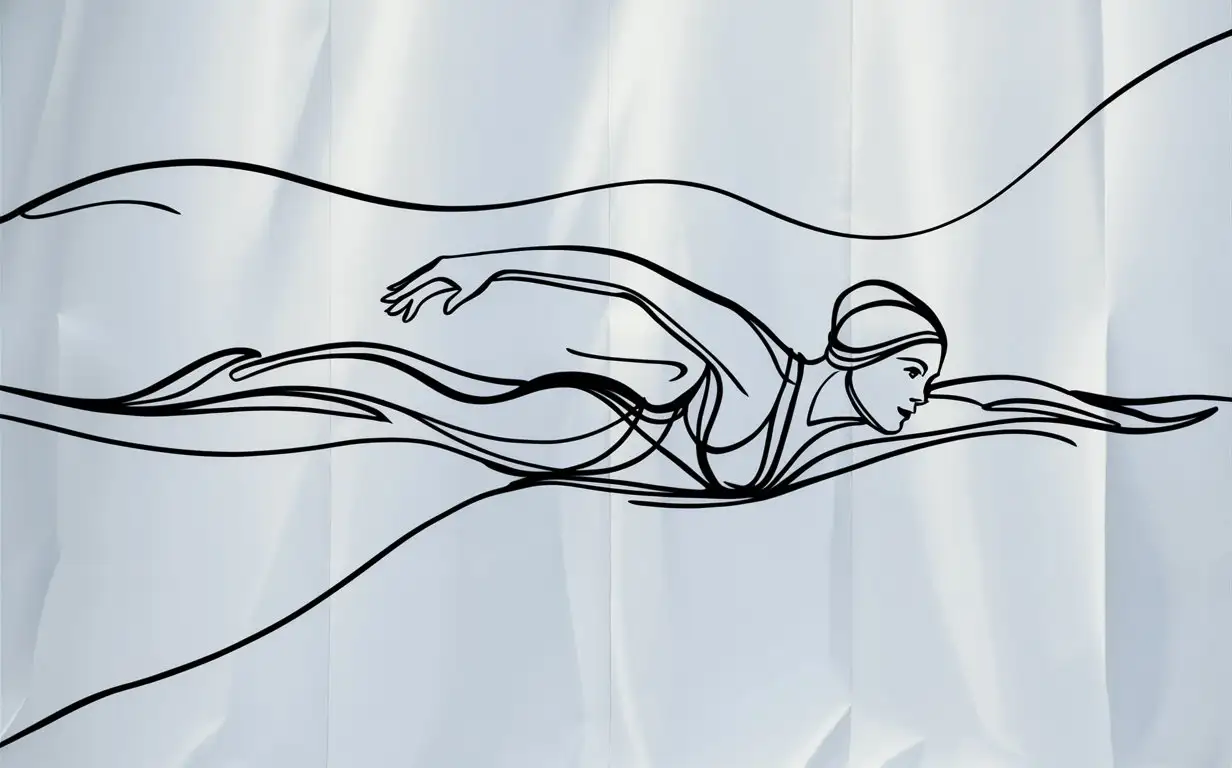 A drawing of a woman swimming , in one-line drawing, figure outline only, single line, simple, in the style of one-line, single line drawing, black line on blank white background, colorful, no background, clean lines, minimalistic, simple, Picasso style