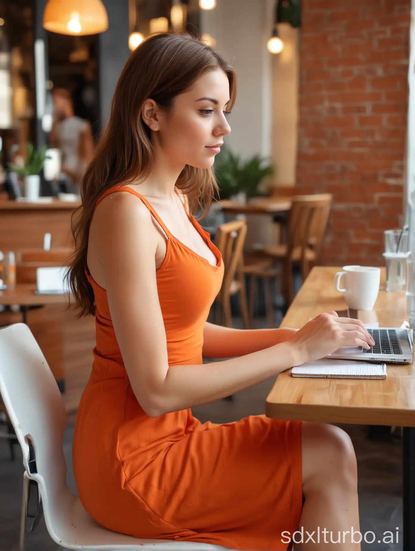 woman, medium brown hair, slim body, small breast, wearing orange long sleeveless sundress, wearing white sneakers, sitting at a table, working on a MacBook, in a café, background blur, side view