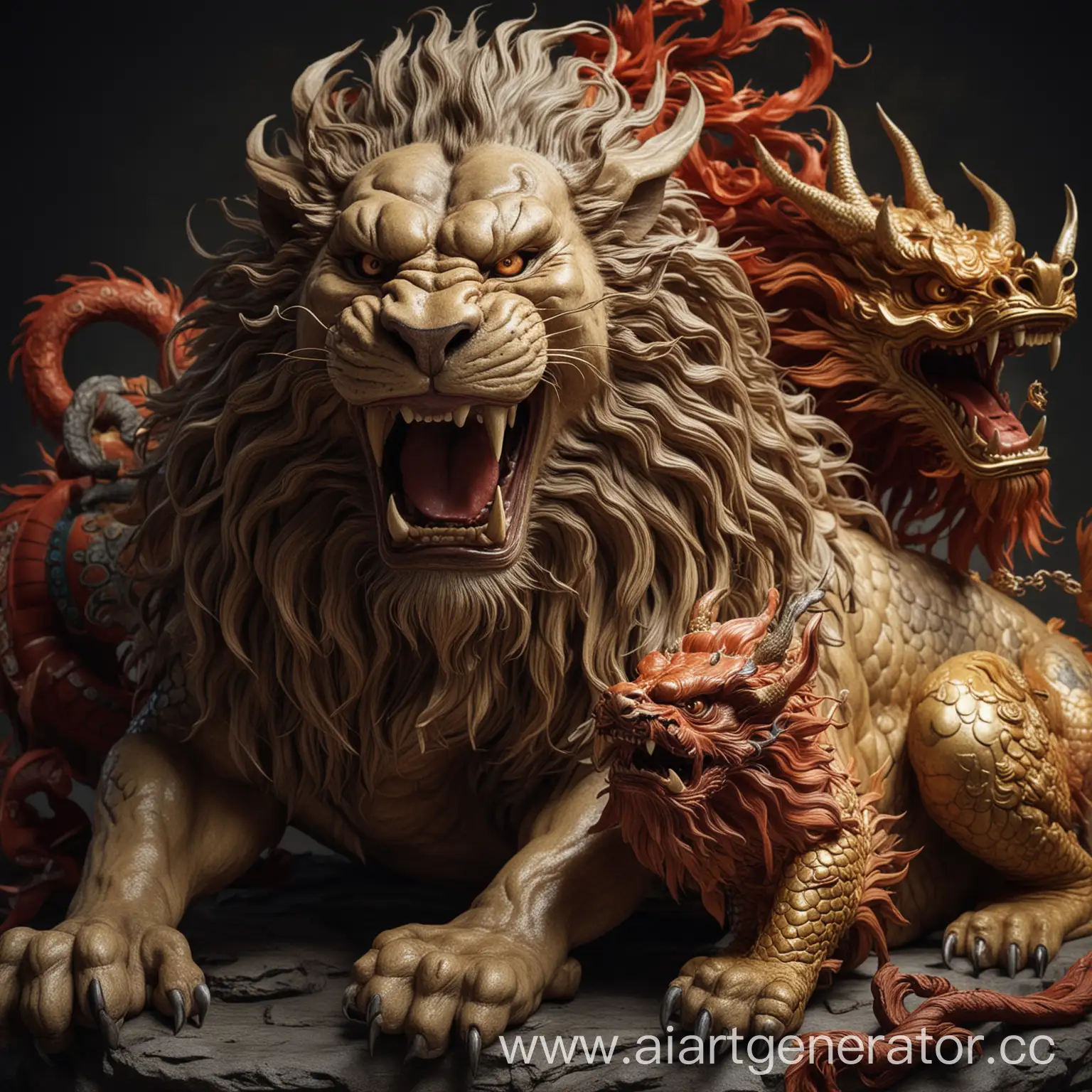 Лев с оскалом сидит и китайский дракон обнимает его