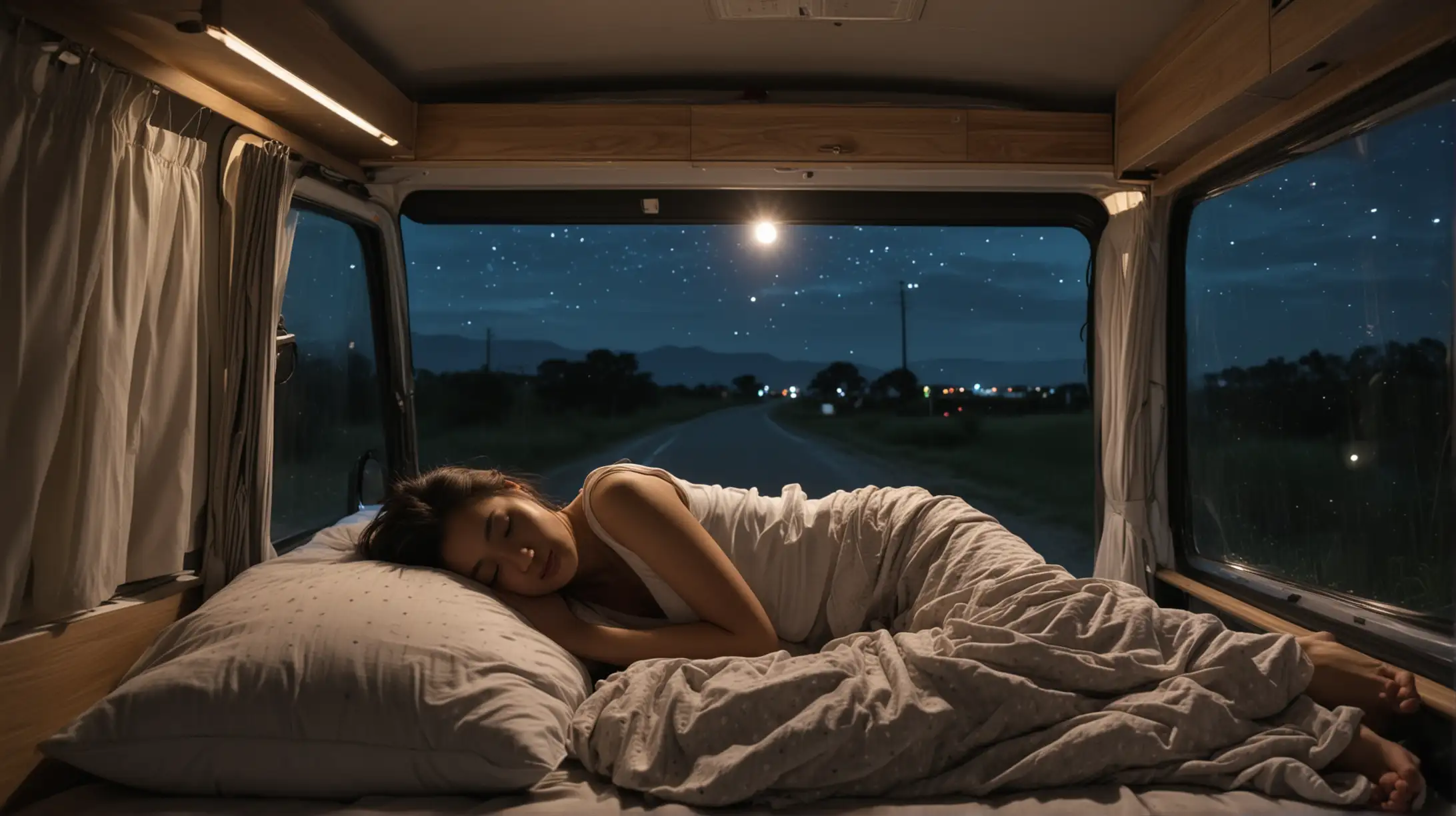 an beautiful asian woman peacefully sleeps in a camper van at night. The scene is dark Through the windows, a road leading off into the distance is visible, hinting at the tranquility of the surroundings. body stretched out and lieing down flat with head on pillow, the womans head resting on a pillow.  Capture the serenity and coziness of the moment