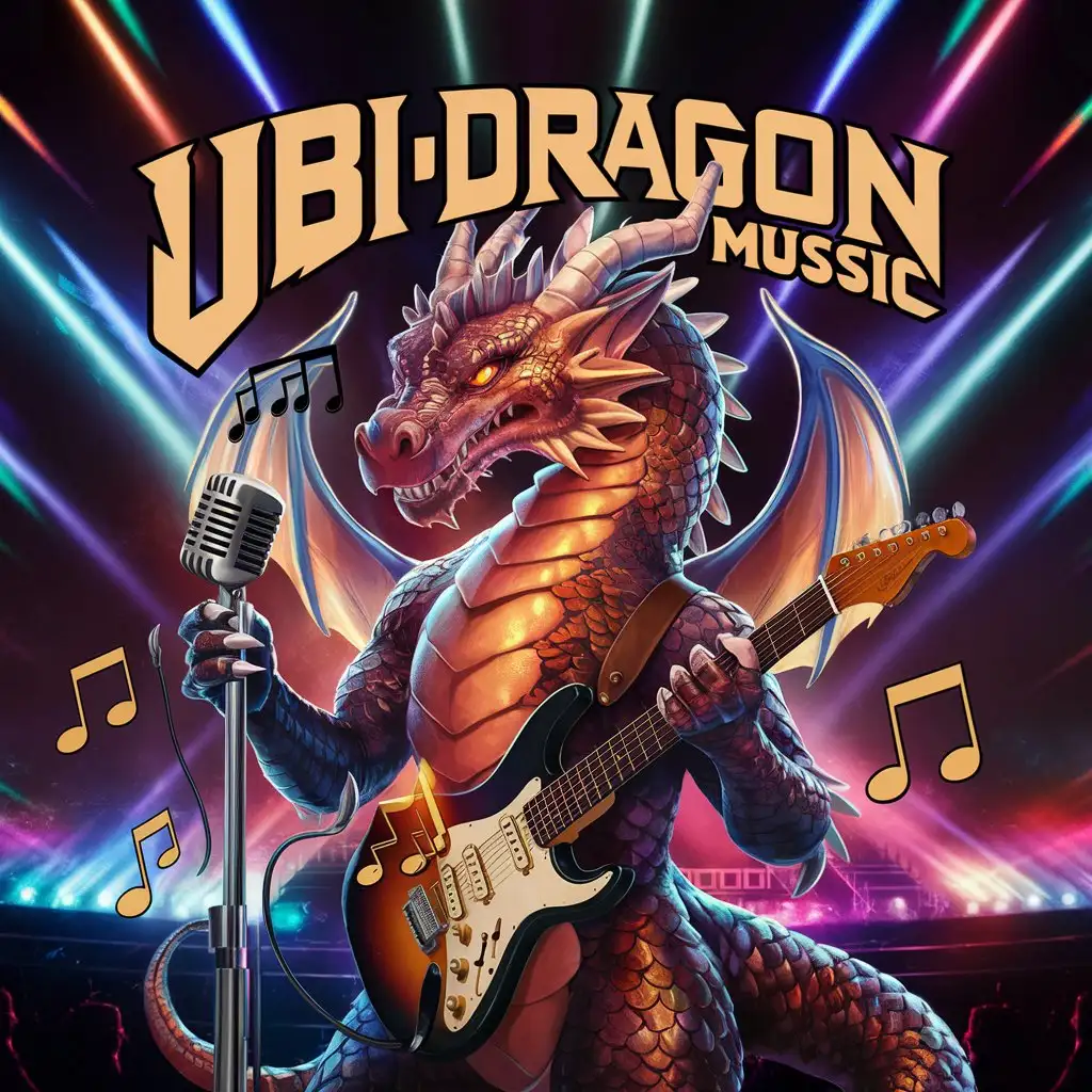 "ubidragon music" logo, text, dragon with guitar, microphone, music notes