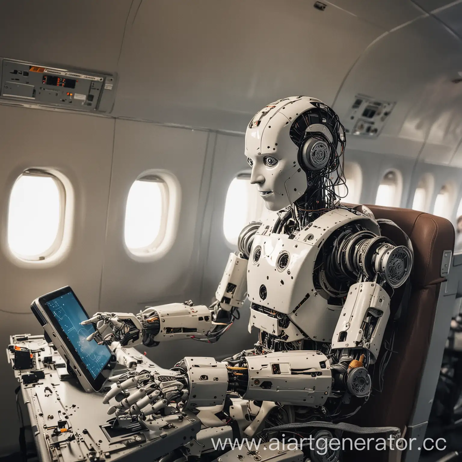 Man-Operating-Robot-Controls-Airplane-in-Modern-Aviation-Control-Room