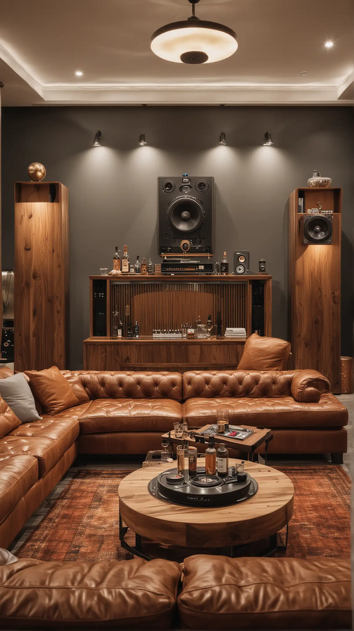 A modern whiskey lounge equipped with a high-quality sound system, featuring speakers and a vinyl record player, set for a music night.