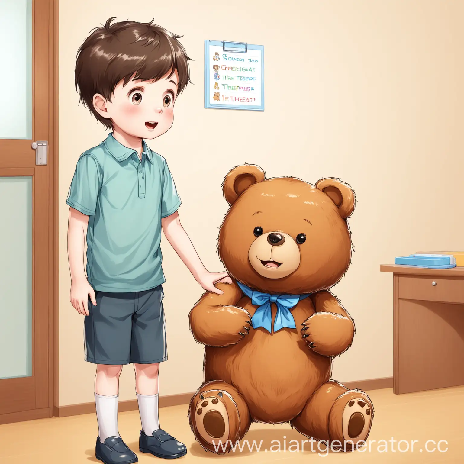 мальчик с медведем идут к логопеду
