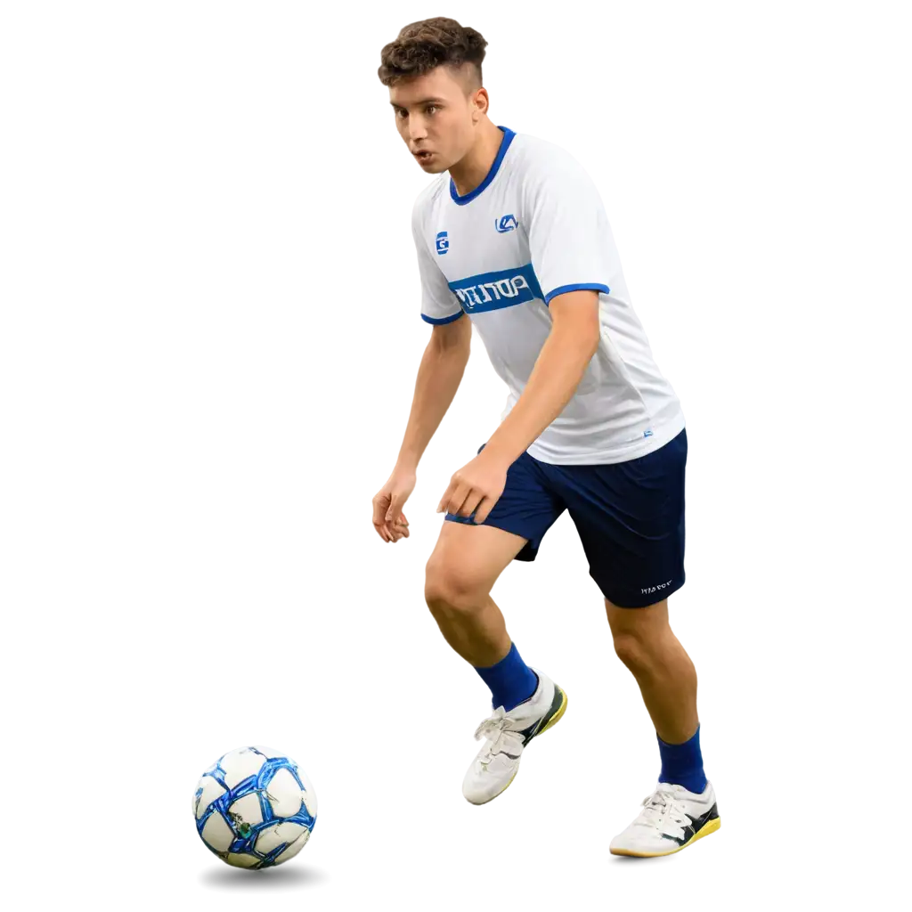 joueur de futsal avec un maillot bleu et blanc et short blanc avec logo CFEK