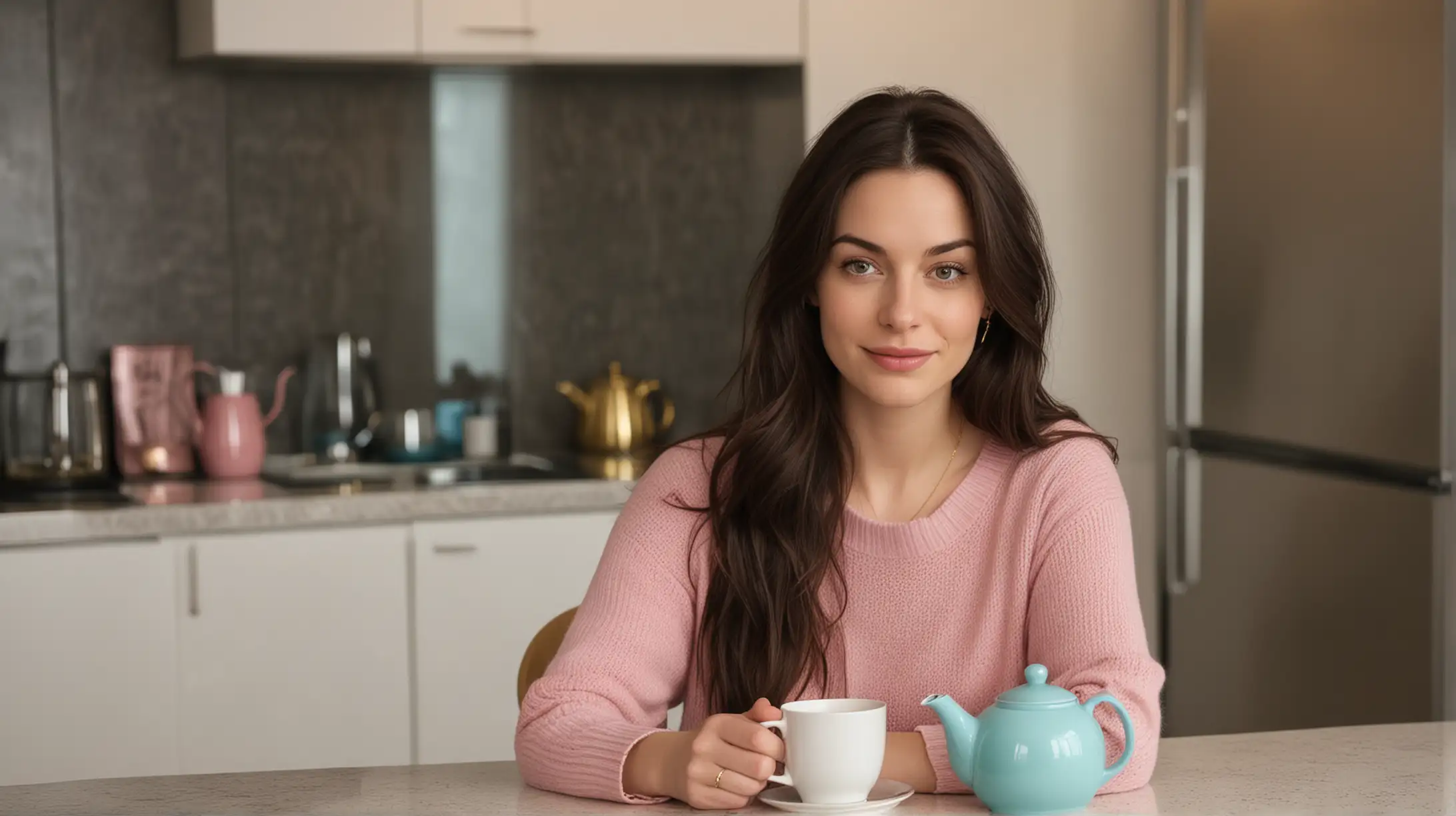30 year old pale white woman with long dark brown hair parted to the right, wearing a gold necklace, pink sweater and blue jeans. She is sitting at a kitchen table with one single teapot and exacltly two cups of tea. Urban high rise apartment background at nighttime