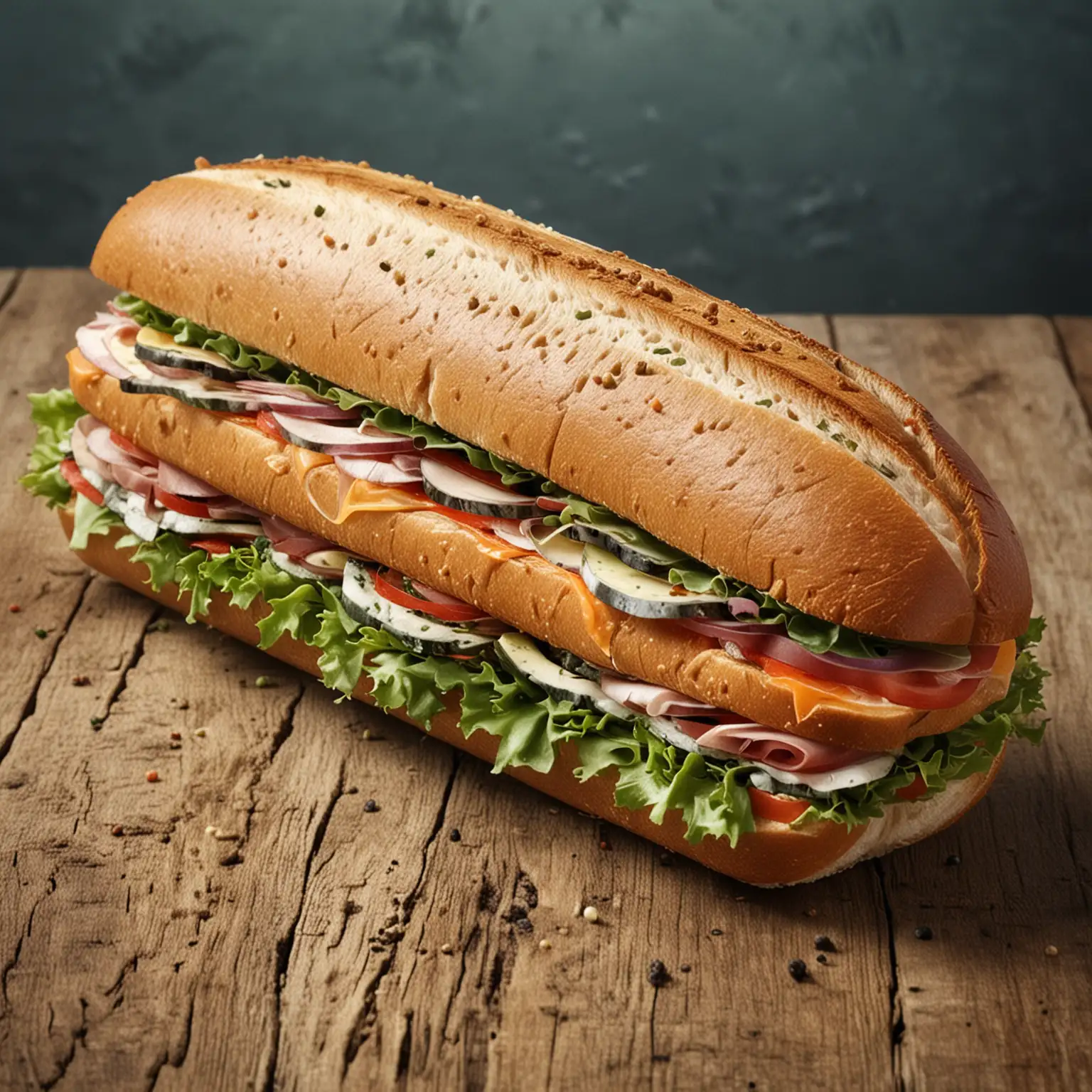 Photorealistic Submarine Sandwich on a Wooden Table