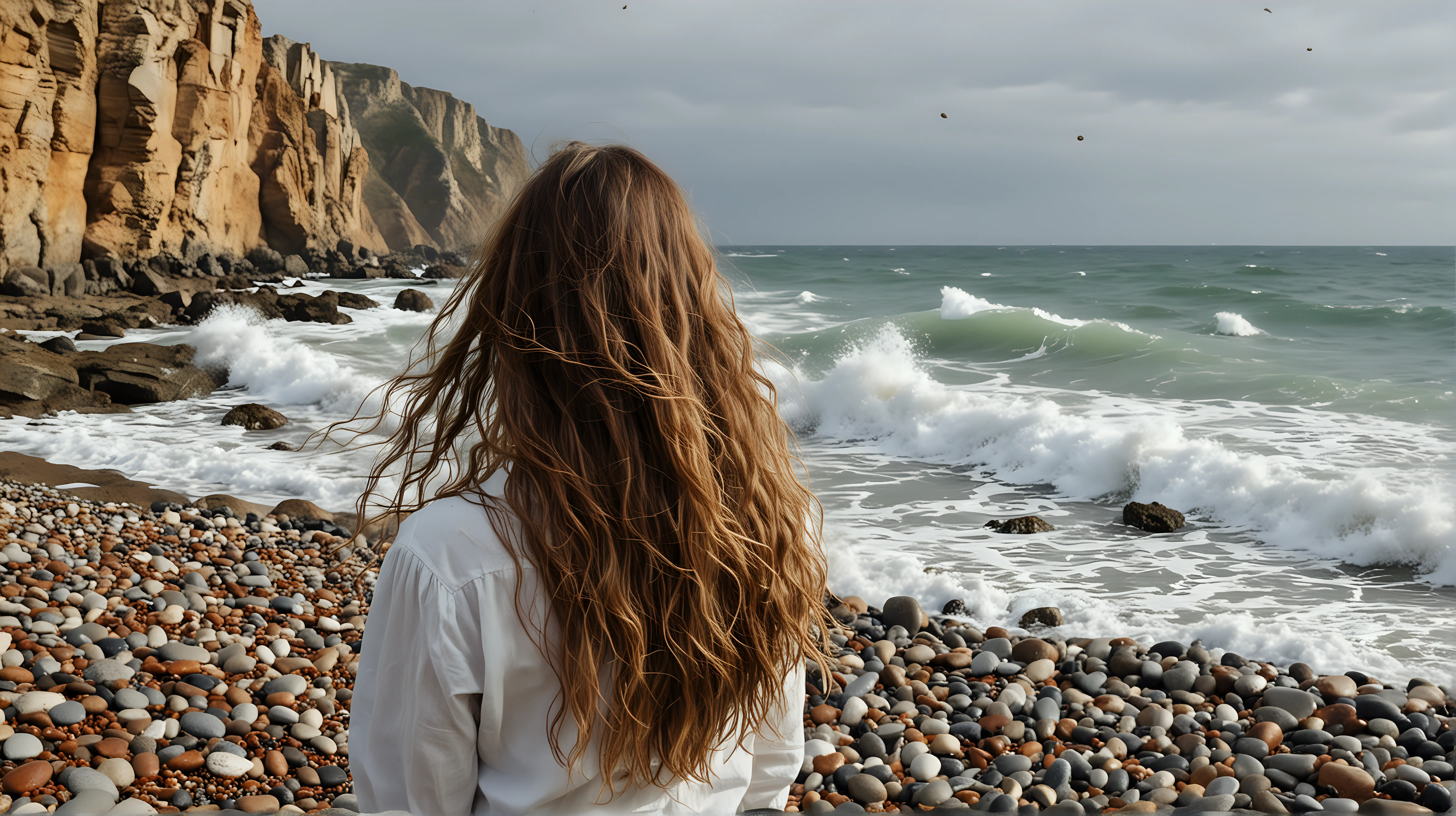 a woman with long hair on a beach with pebbles and high waves breaking. The woman looks at the sea, the portrait of the woman is whole and far to one side and the background are rocks