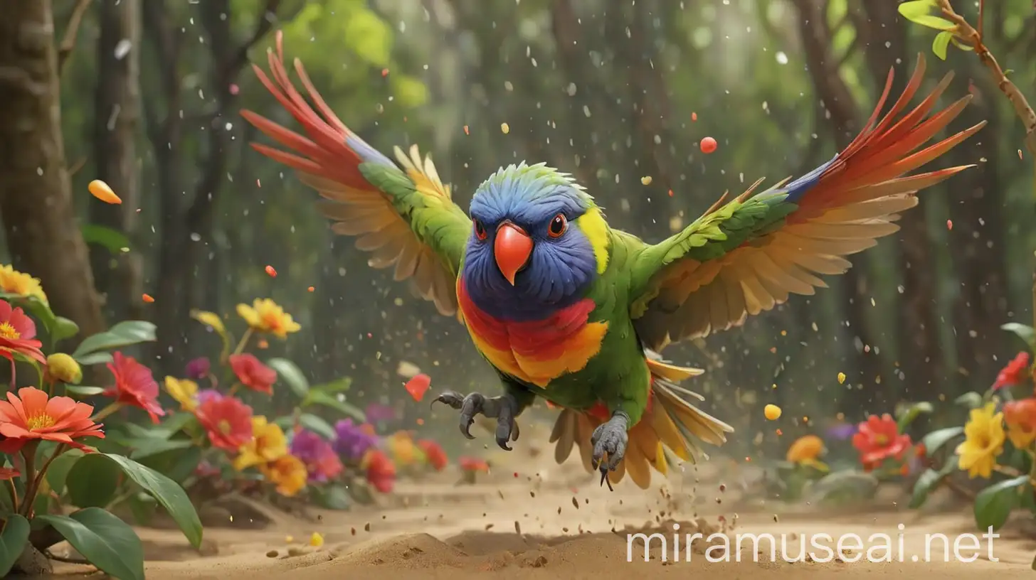 /imagine prompt: 3D animation, personality: [Illustrate Rainbow lorikeet flying through the mulberry forest, mesmerized by the colorful flowers and drops of water falling from them. Show the sand changing colors as the drops fall, capturing Rainbow lorikeet's surprise and wonder]unreal engine, hyper real --q 2 --v 5.2 --ar 16:9
