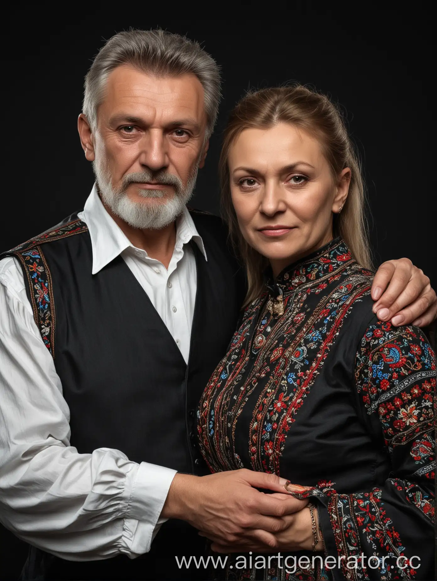 Slavic-Couple-Portrait-Mature-Man-and-Woman-in-WaistUp-Shot-on-Black-Background