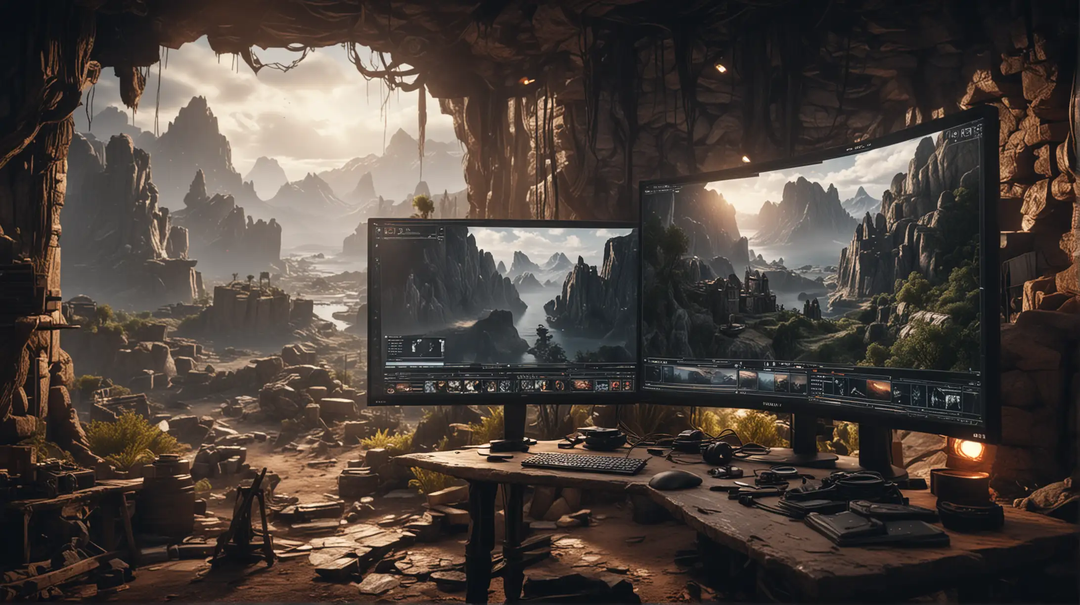 cinematic image showing world building unreal engine film production, show the unreal interface, monitor in front
