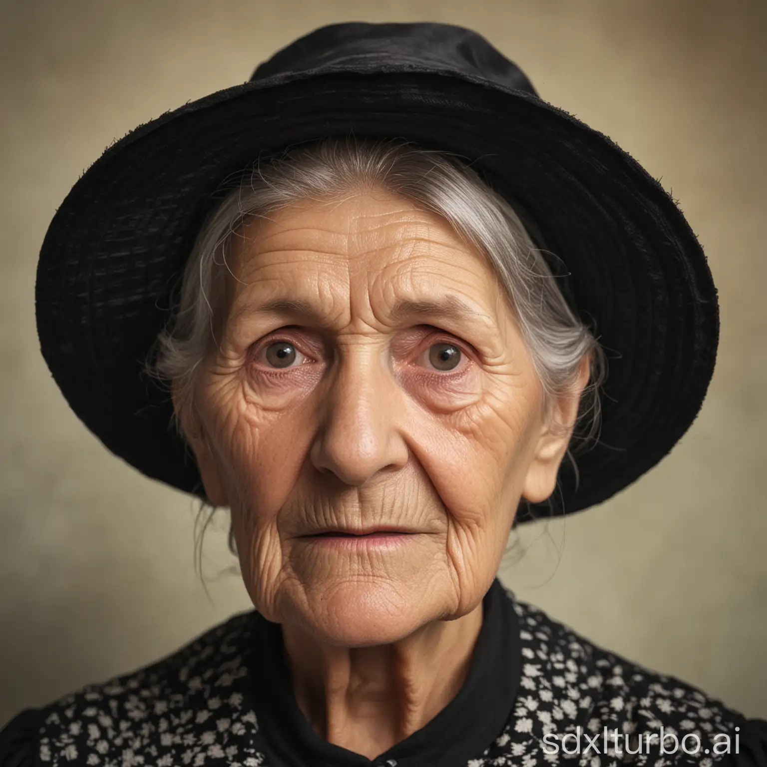 An old woman wearing a black bonnet hat