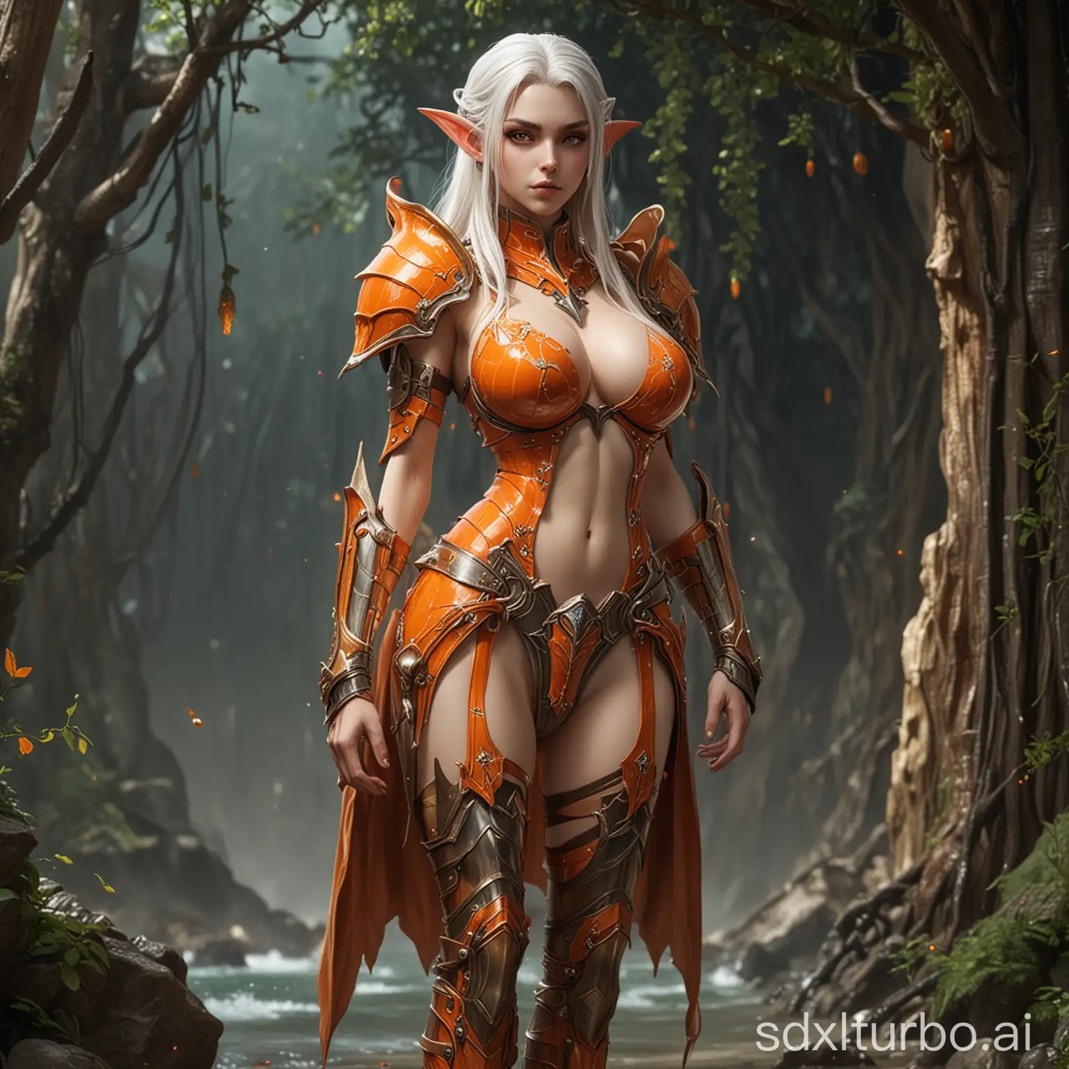 a tall, extremely busty high elf girl with thick thigh legs, thin waist, revealing orange crustacean armor 