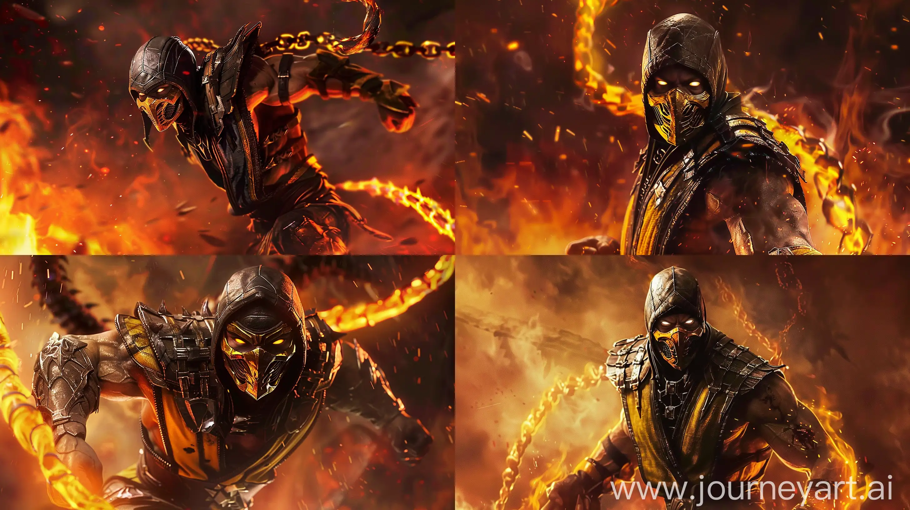 https://cq.ru/img/f/e/2023/11/08/18526.jpg Demon Scorpion from Mortal Kombat, enraged, action scene, very large muscles, realistic anime style, the best quality, perfect details, 8K,solo,looking at viewer, red light and yellow image quality, hyper realistic painting, action scene, cinematic, magical glowing aura. --ar 16:9