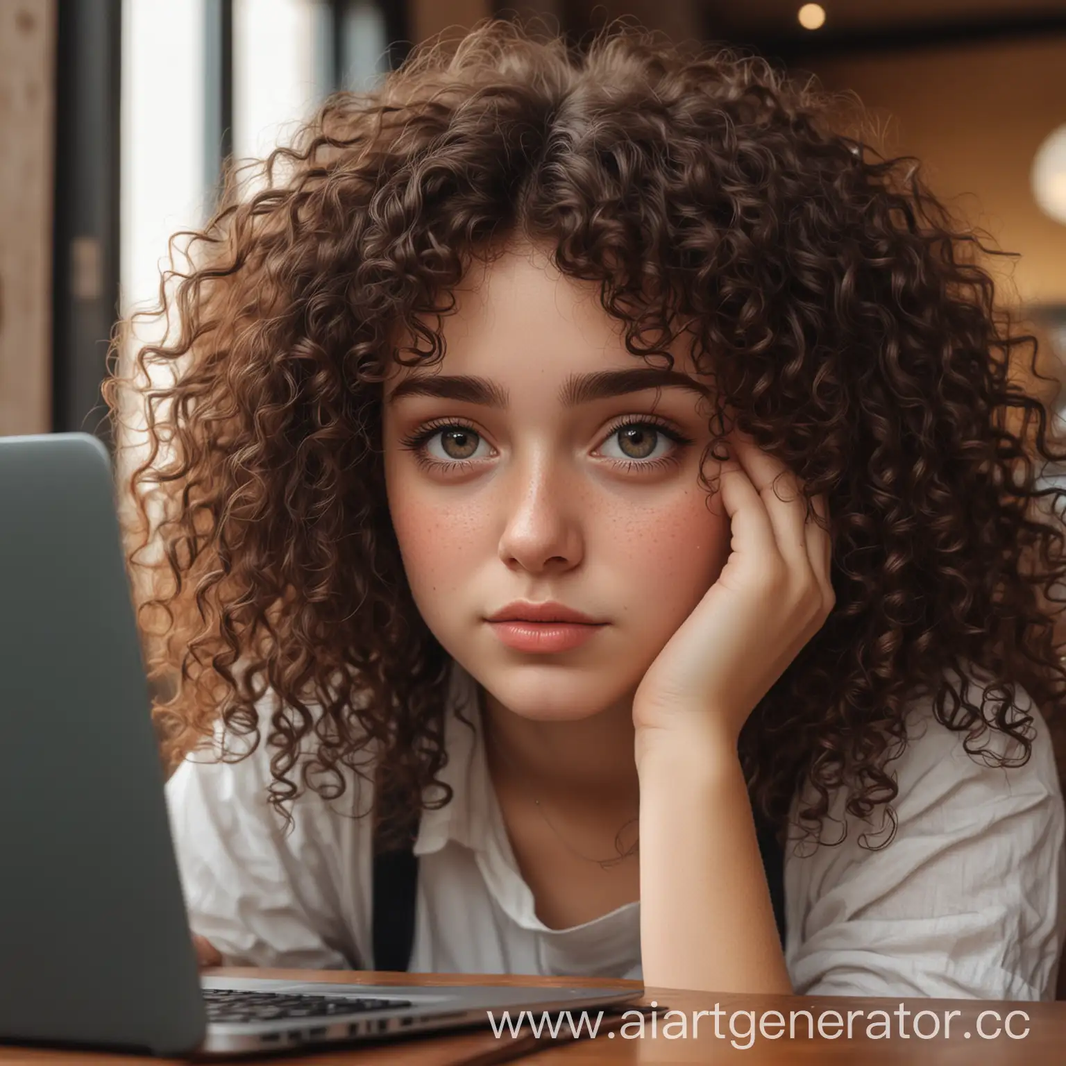 Emotional-Girl-with-Curly-Hair-at-Cafe-Laptop