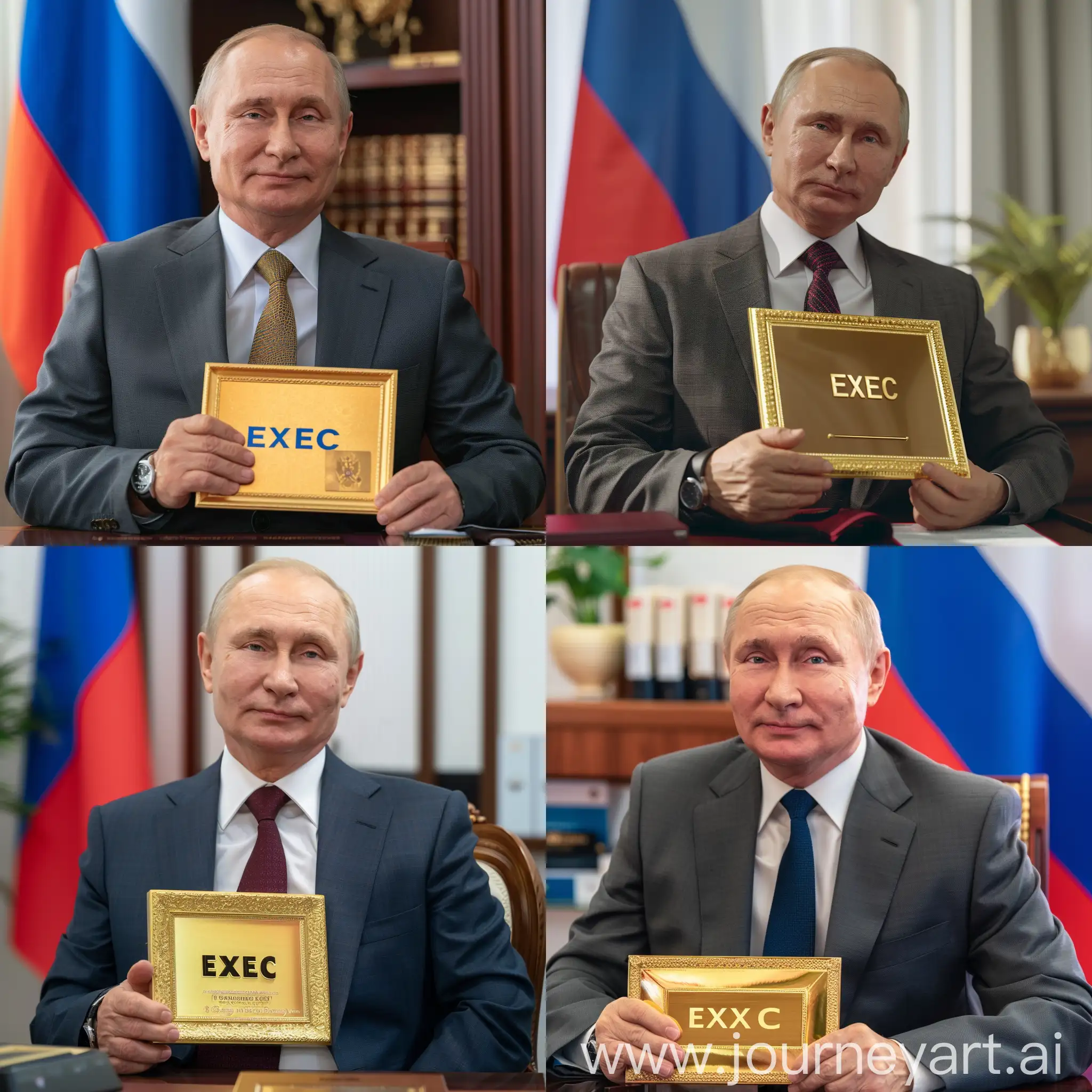 Владимир Путин в деловом костюме, сидит в кабинете президента, в руках золотая табличка с надписью "Exec", задний фон флаг россии, острый фокус, крупный план, профессиональное освещение, 8к, гипер реализм, максимум деталей