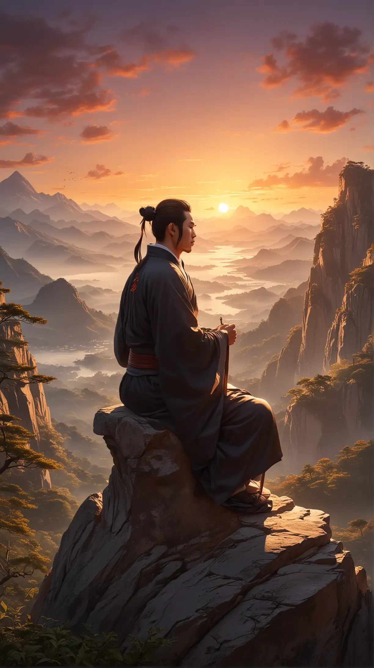 Draw a handsome male Taoist on the top of the mountain under the sunset background