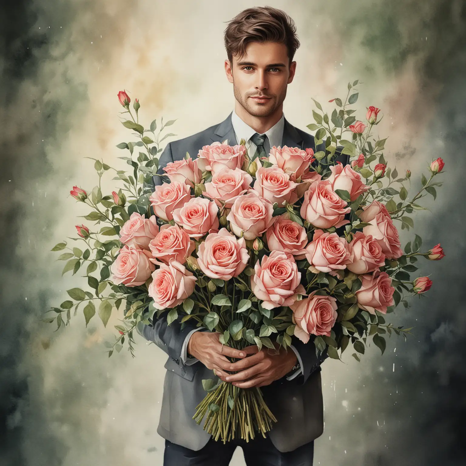 En vacker snygg man som håller i en stor bukett med rosor, I vattenfärg 