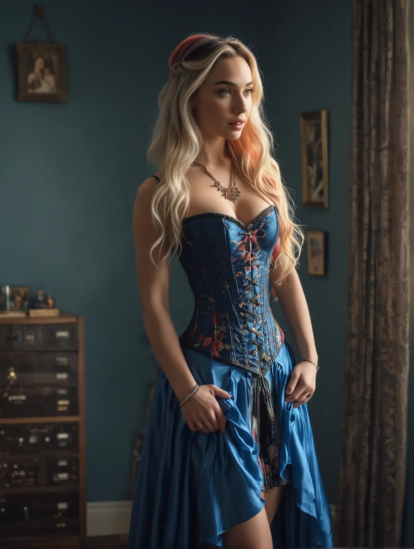 Enchanting-Portrait-of-Paige-Spiranac-in-Multicolored-Corset-and-Blue-Skirt
