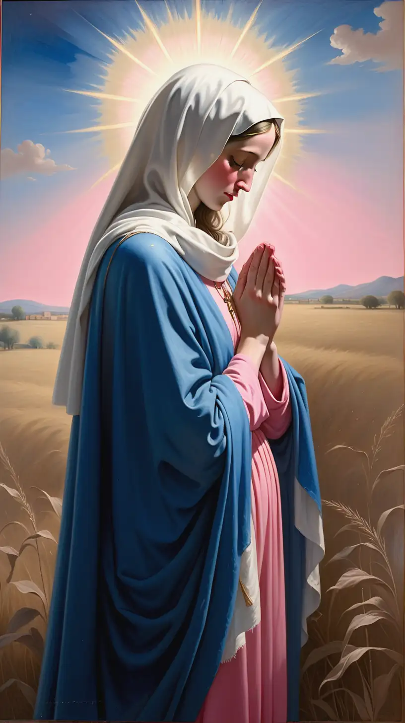 The painting depicts  the very young emotional virgin  Mary in profile looking with open eyes to her right praying and wearing a loose white scarf over a blue cloak over a pink dress and sandals.  The lighting is from the top left of the image behind the figure. The scene is set in an open field.