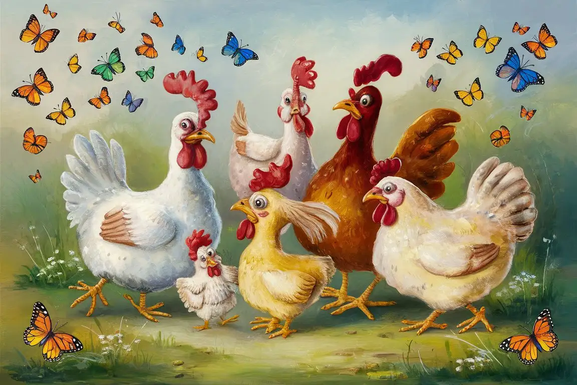 Several hens of different sizes and shapes, funny and colorful painted in naif style surrounded by colorful butterflies