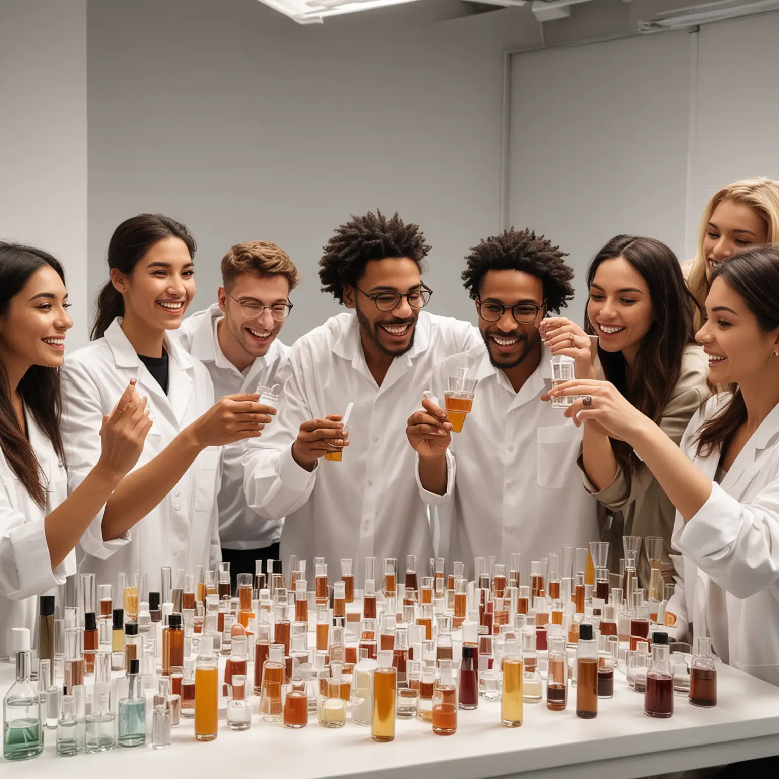 create a group of men and women of various ethnicities having fun sampling fragrance beaker bottles in a fragrance lab