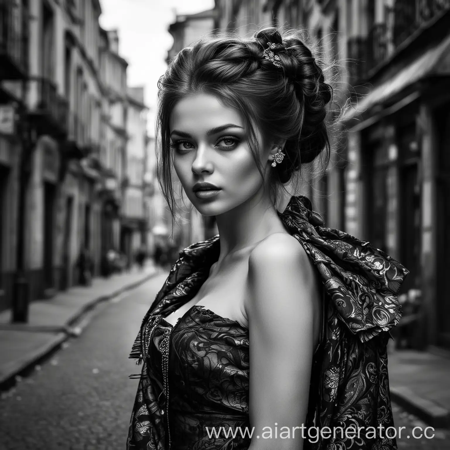 Extravagant-Girl-on-Street-Black-and-White-Background