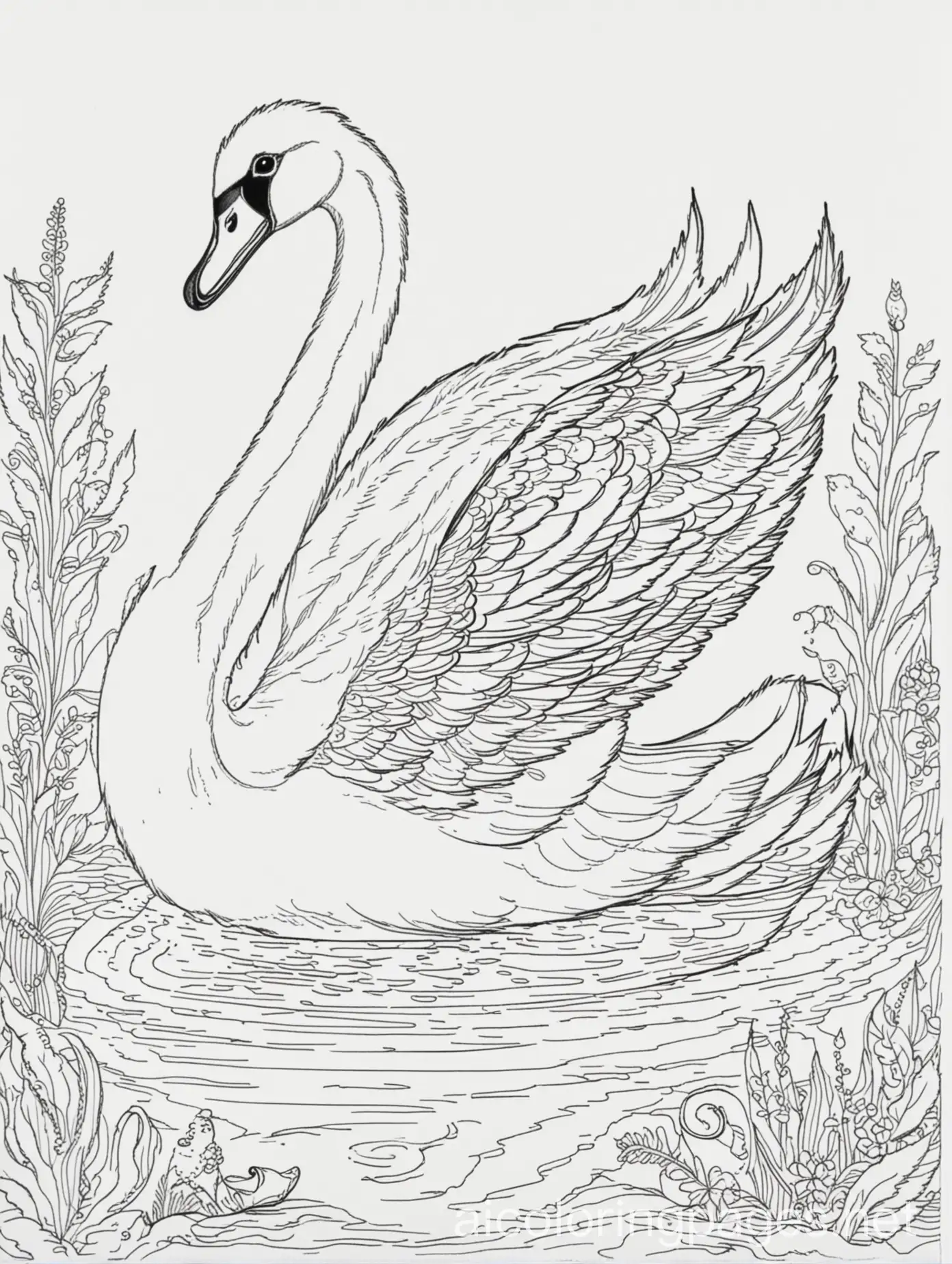swan, Coloring Page, black and white, line art, white background, Simplicity, Ample White Space, Coloring Page, black and white, line art, white background, Simplicity, Ample White Space. The background of the coloring page is plain white to make it easy for young children to color within the lines. The outlines of all the subjects are easy to distinguish, making it simple for kids to color without too much difficulty