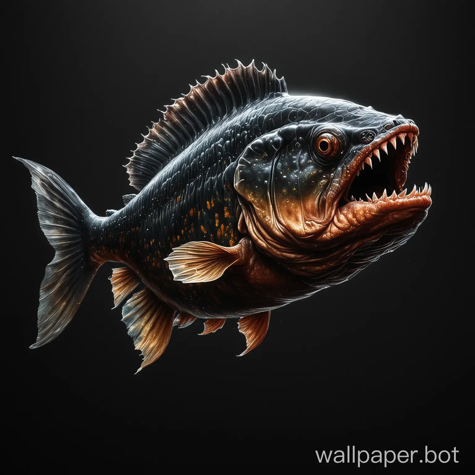 Draw a realistic fantasy piranha on a black background.
