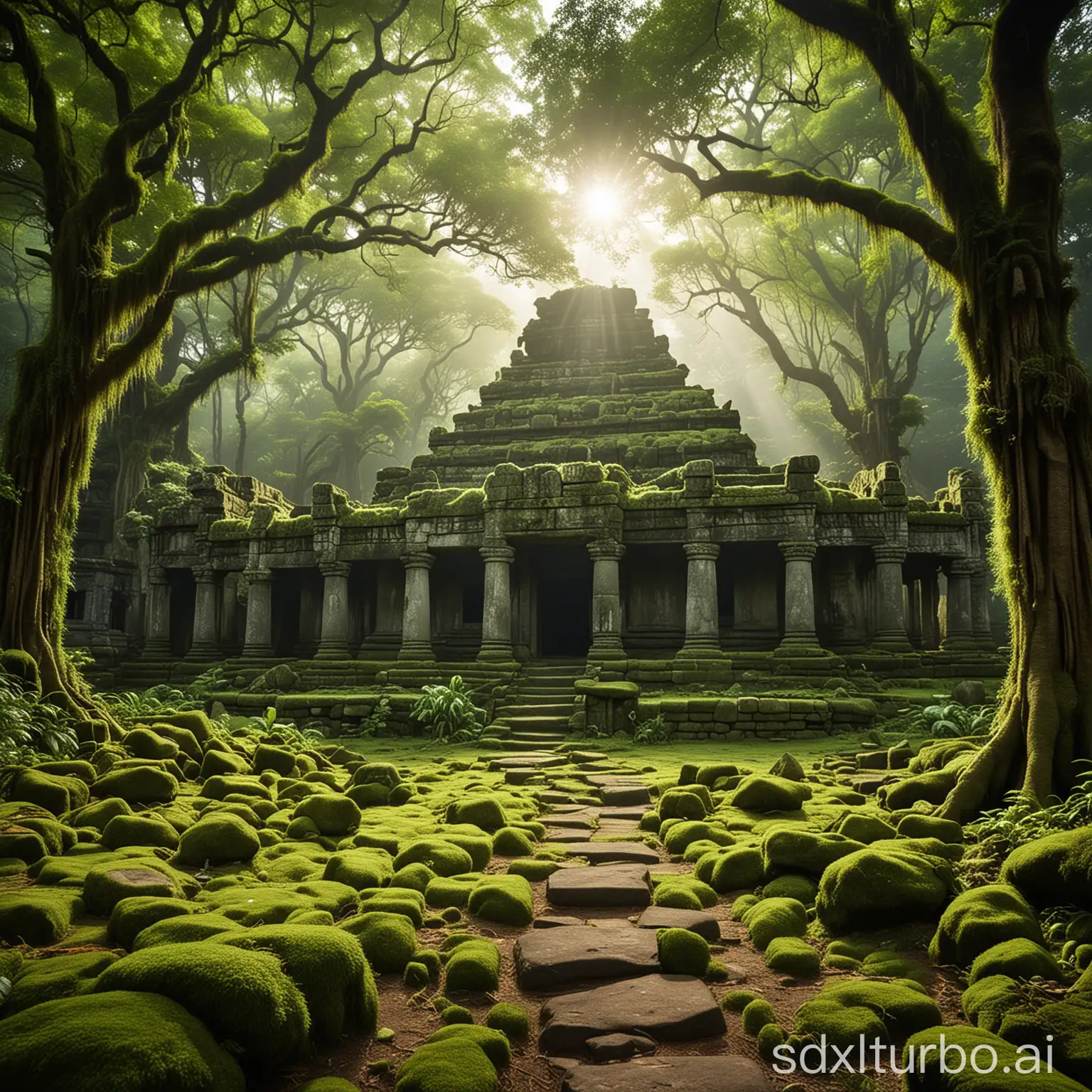 ancient temple ruins covered in vibrant green moss and foliage with shafts of light cutting through