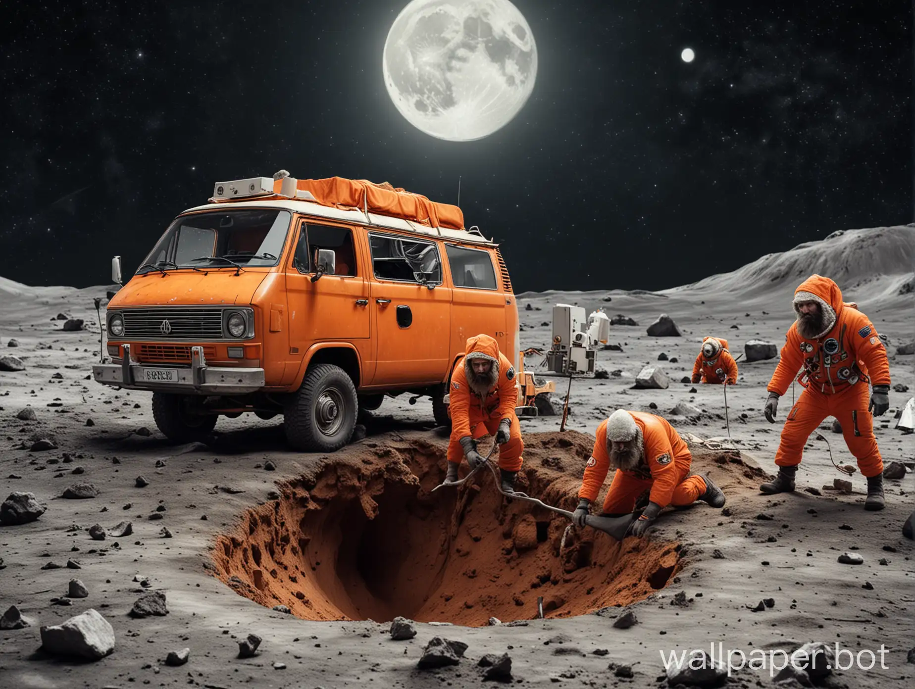 create an image of a van in space on the moon with two fat bearded men in orange clothing digging a hole