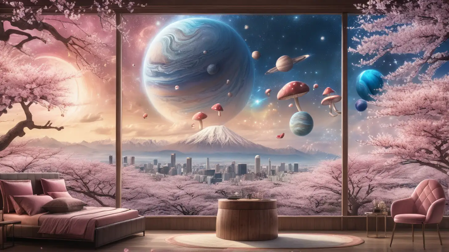Skyline Room with Magical Mushroom Land and Cherry Blossoms