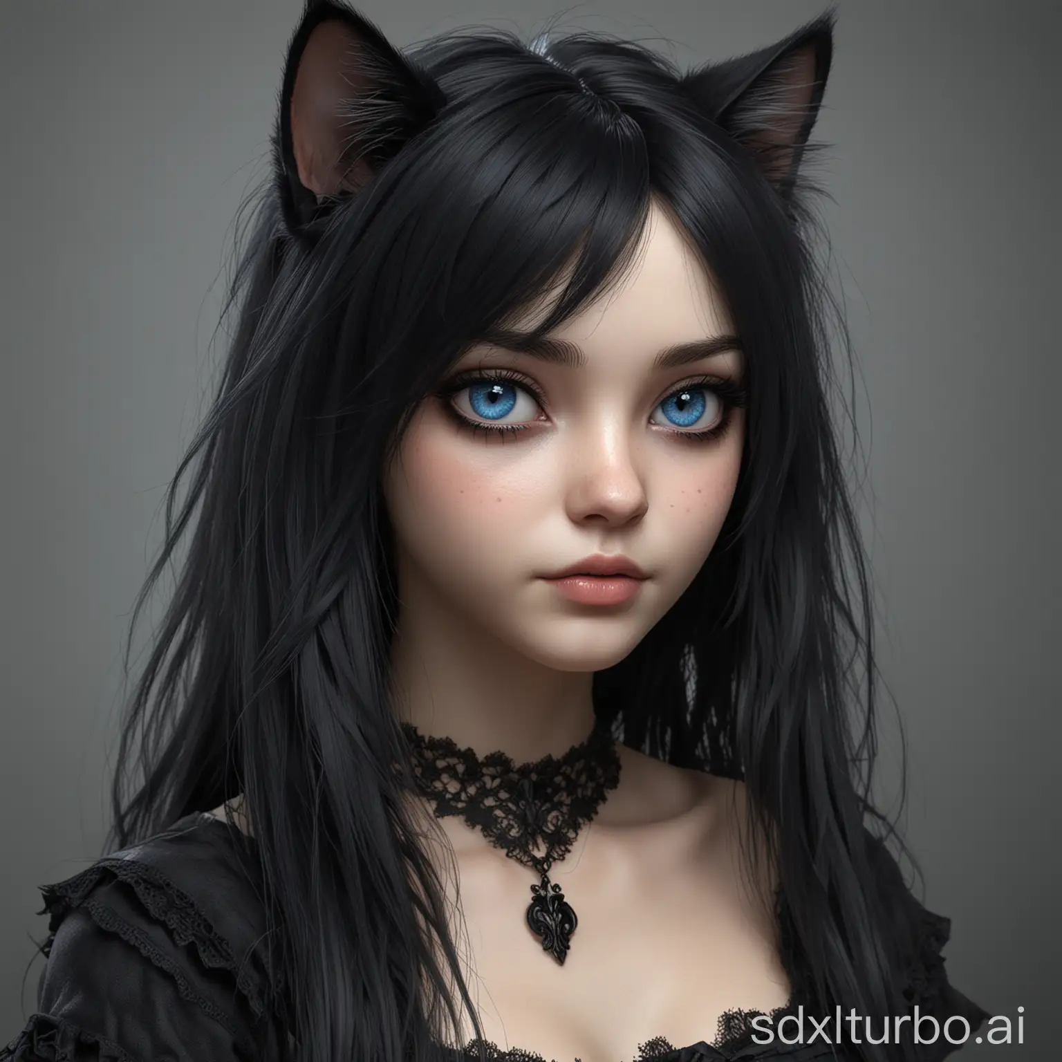a photorealistic, furry cat-girl, with black hair, and blue eyes, she is in gothic style, she looks less anime or cartoon-like, she looks more real-world like