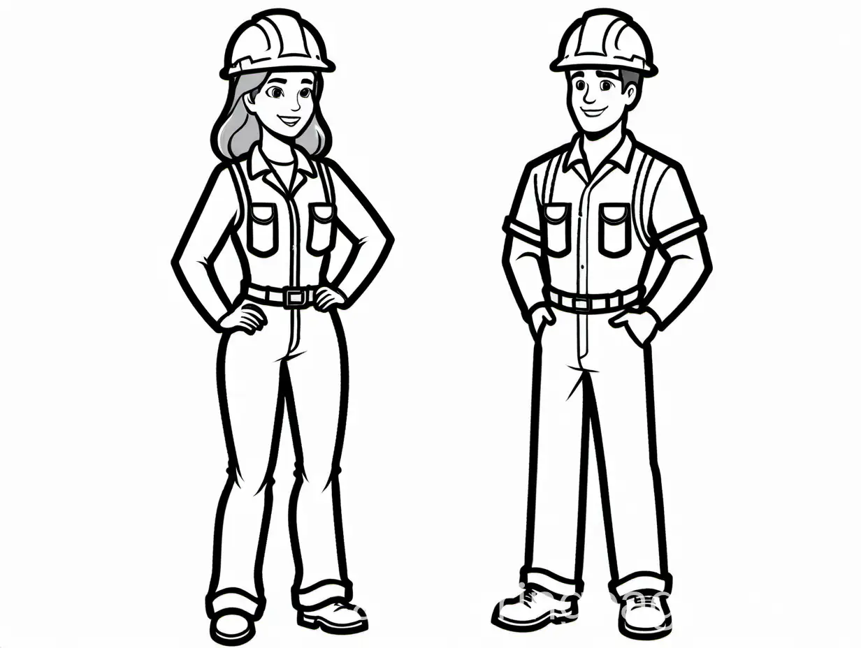 Draw a male and female engineer standing spaced apart, no background, Coloring Page, black and white, line art, white background, Simplicity, Ample White Space. The background of the coloring page is plain white to make it easy for young children to color within the lines. The outlines of all the subjects are easy to distinguish, making it simple for kids to color without too much difficulty